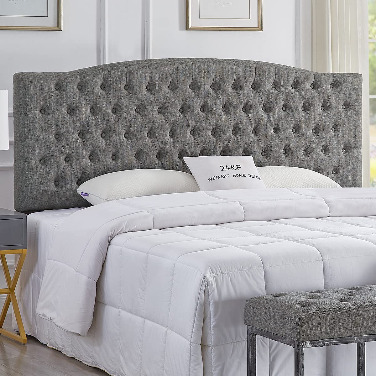 24K Gold Linen Upholstered Tufted Button King Headboard - Comfortable Padded King/California King Size Bed Frame Headboard in Granite Color | Perfect for Master Bedroom Decor & Luxury Bedroom Makeover
