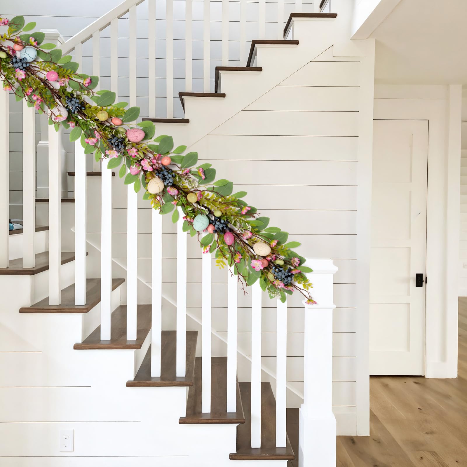 6FT LED Easter Garland with Artificial Eggs & Pip Berries - Spring Vine String Lights for Fireplace Mantle, Arch Decor, Wreath Making - Perfect for Easter, Spring Home Decor & Party Decoration (Rhododendron Design)