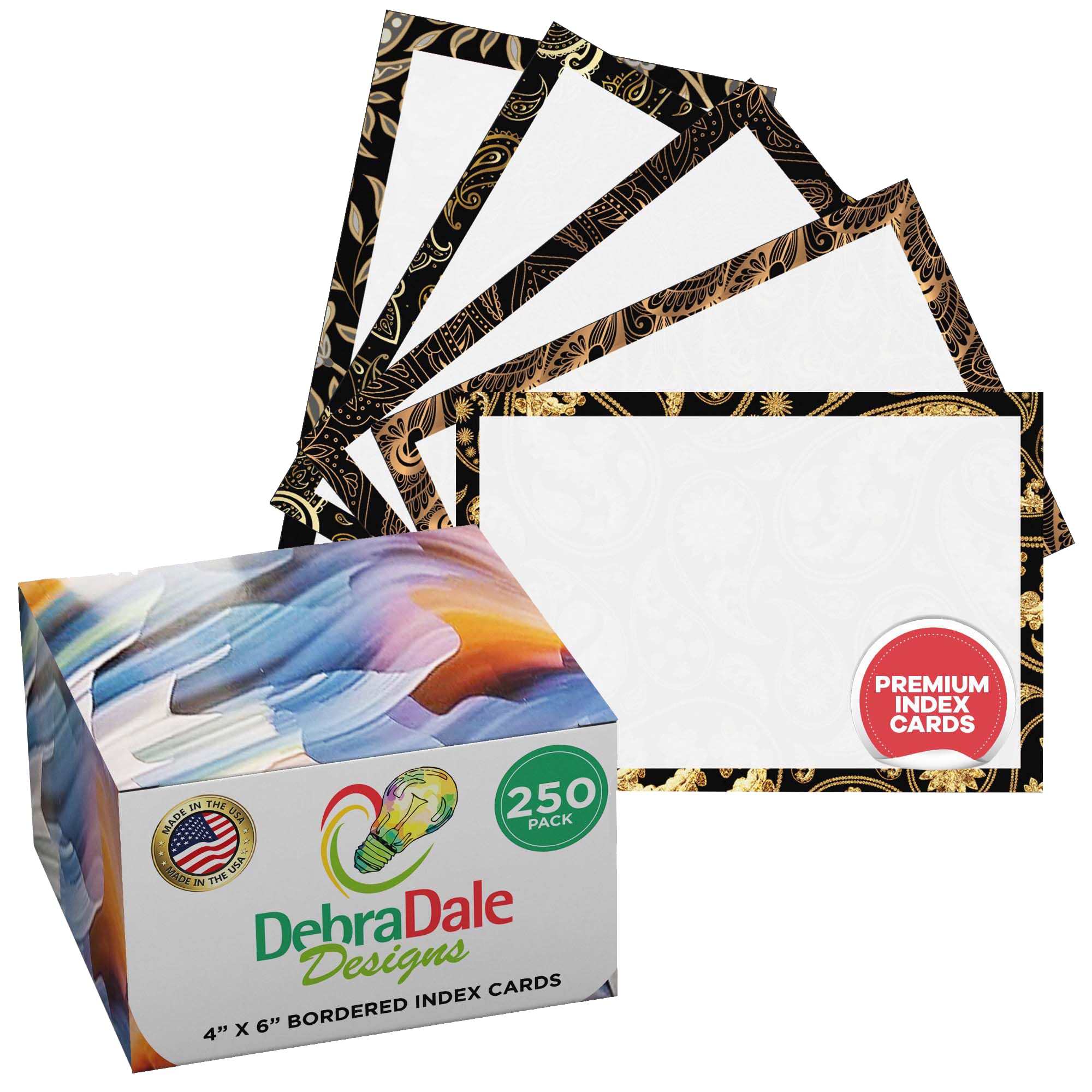 Debra Dale Designs Premium 4x6 Inch Blank Index Cards with Black & Gold Borders - 250 Pack Heavy 140# Cardstock for Study Notes, Flashcards & Office Organization - Elegant Gift Box Packaging
