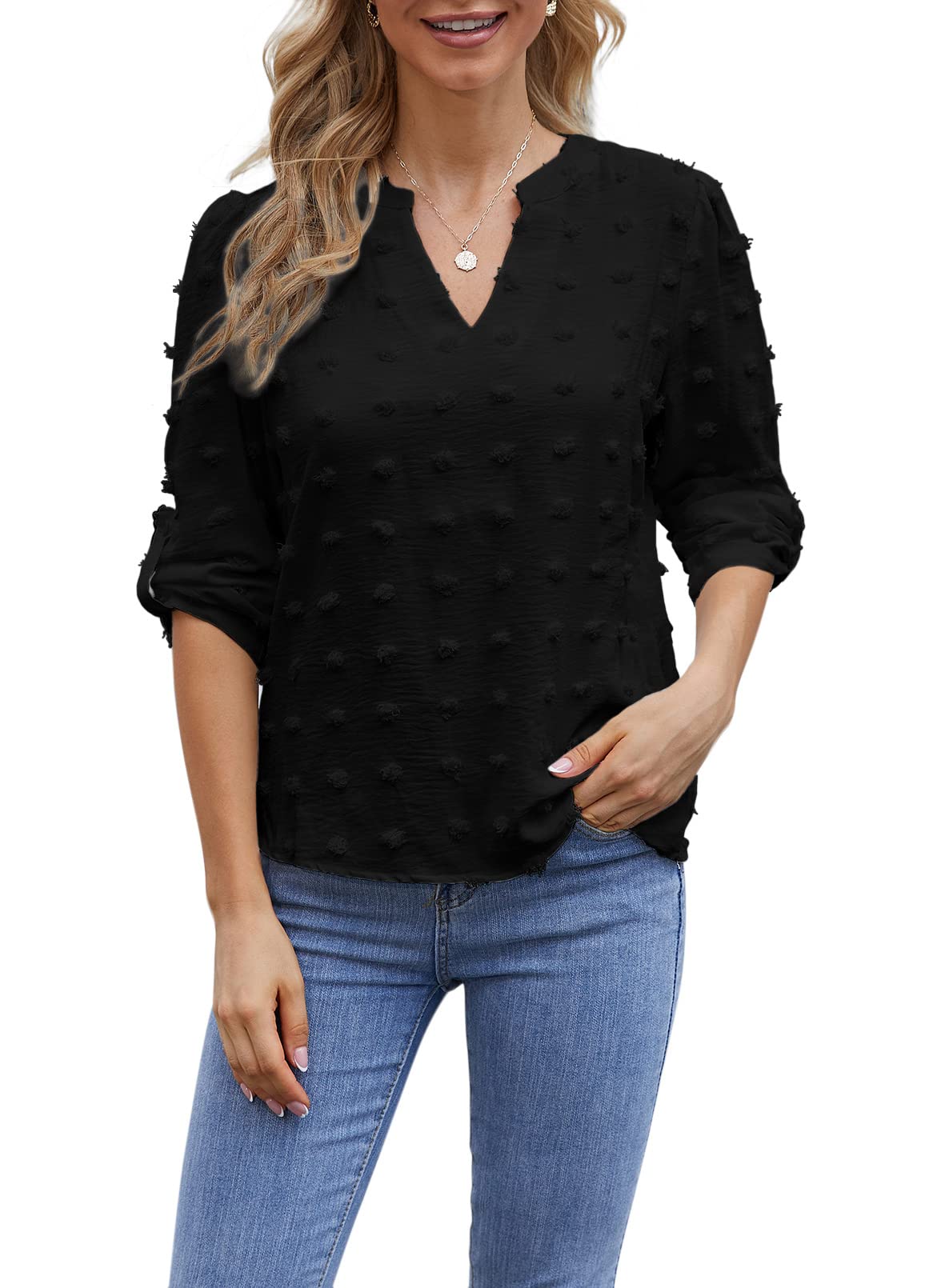 Pkabogbi Women's Casual V-Neck Long Sleeve Blouse - Swiss Dot Chiffon Loose Flowery Top for Work, Date Night & Spring Outfits | Comfortable & Stylish Women's Shirt