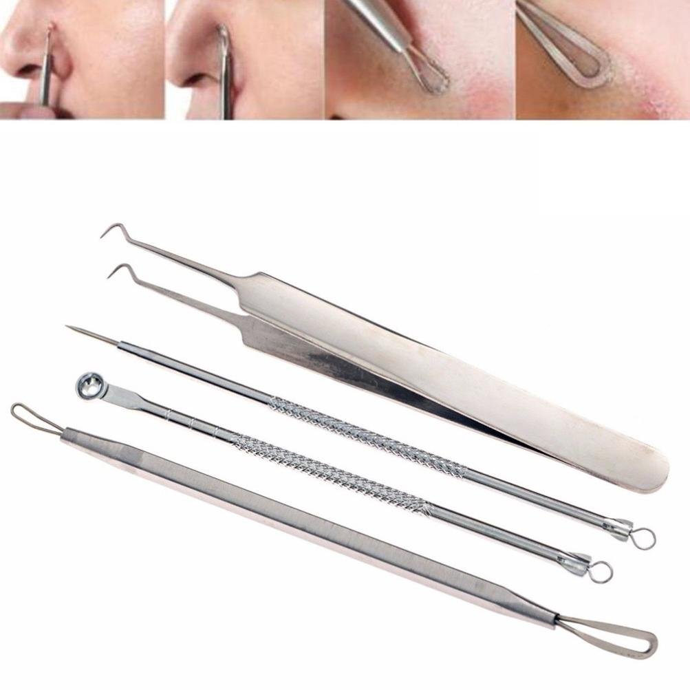 Veepola 4-Piece Stainless Steel Blackhead & Pimple Remover Tool Set - Professional Comedone Extractor and Tweezers for Acne Prone Skin | Perfect for Summer Skincare Routine & Facial Treatment at Home