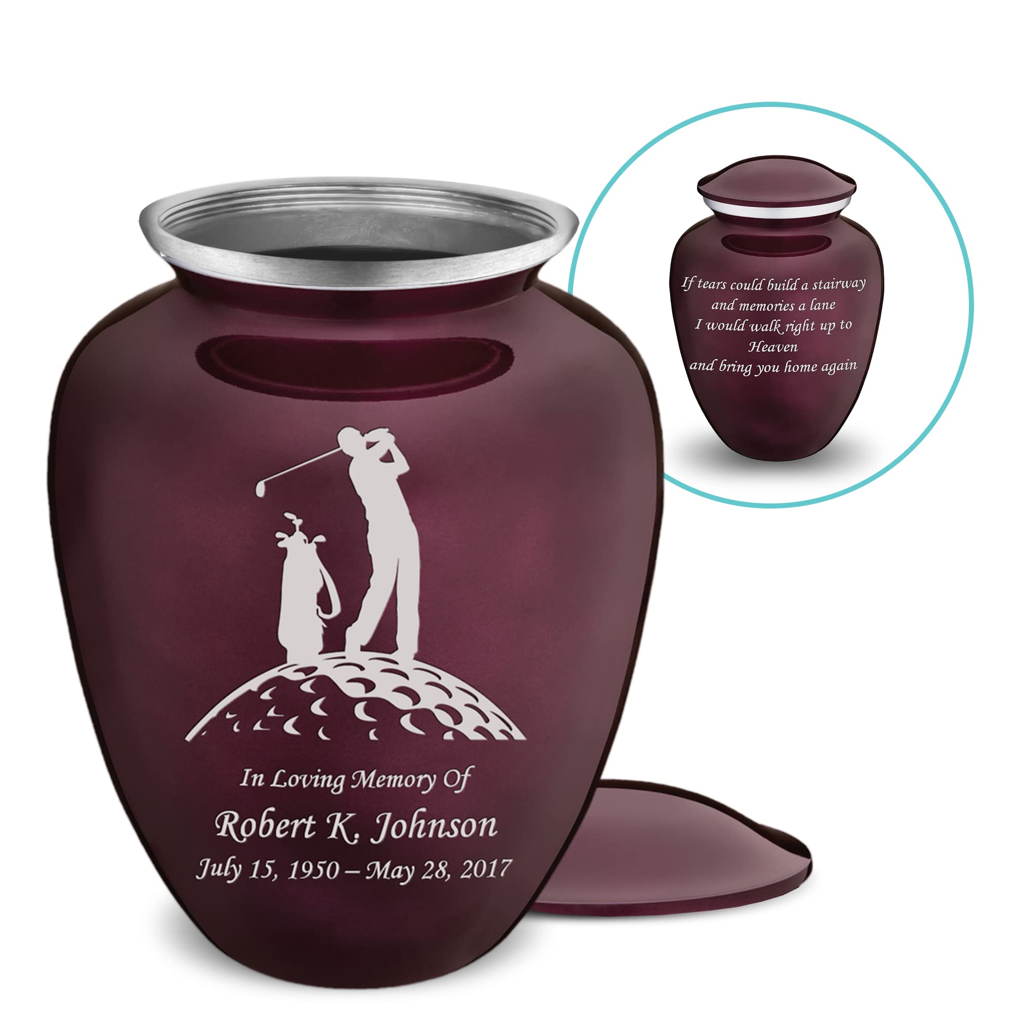 Personalized Golf Cremation Urns for Ashes - Large Cherry Purple Funeral Urn for Men & Women with Double-Sided Engraving (Holds 200 lbs) - Memorial Keepsake for Golf Lovers, Perfect for Home Display or Burial Ceremony