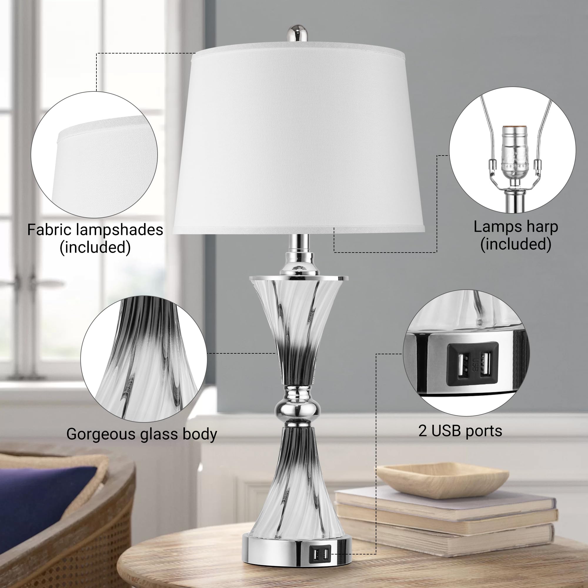 3-Way Dimmable Touch Control Bedside Table Lamps - Set of 2 with USB Charging Ports, Modern Nightstand Lamps for Bedroom & Living Room in Dark Grey & White - Perfect for Reading, Decor & Minimalist Home Office Lighting