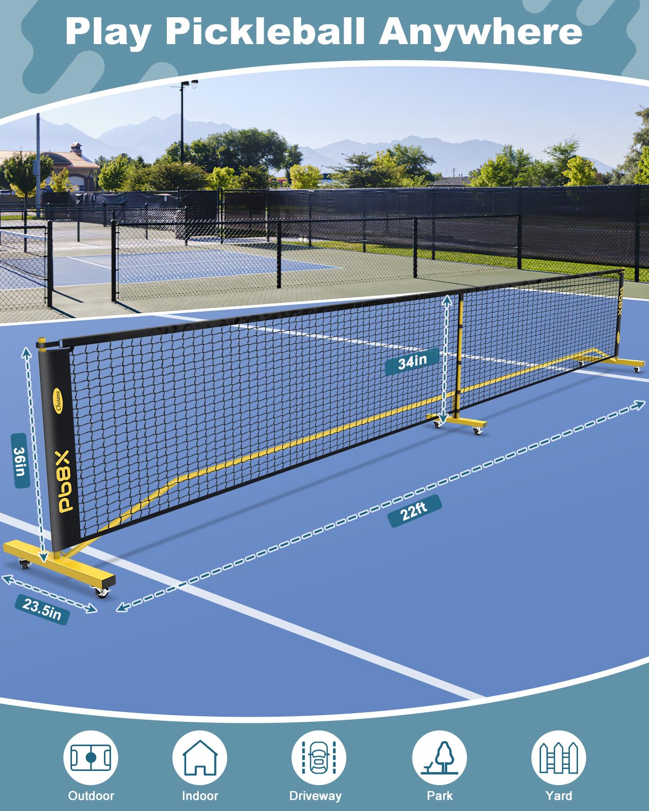Portable Pickleball Net Set with Wheels - 11ft & 22ft Regulation Size Net, 4 Balls & Paddles Included - Heavy Duty Frame for Backyard, Driveway & Outdoor Sports - Perfect for Family Games, Tournaments and Backyard Fun