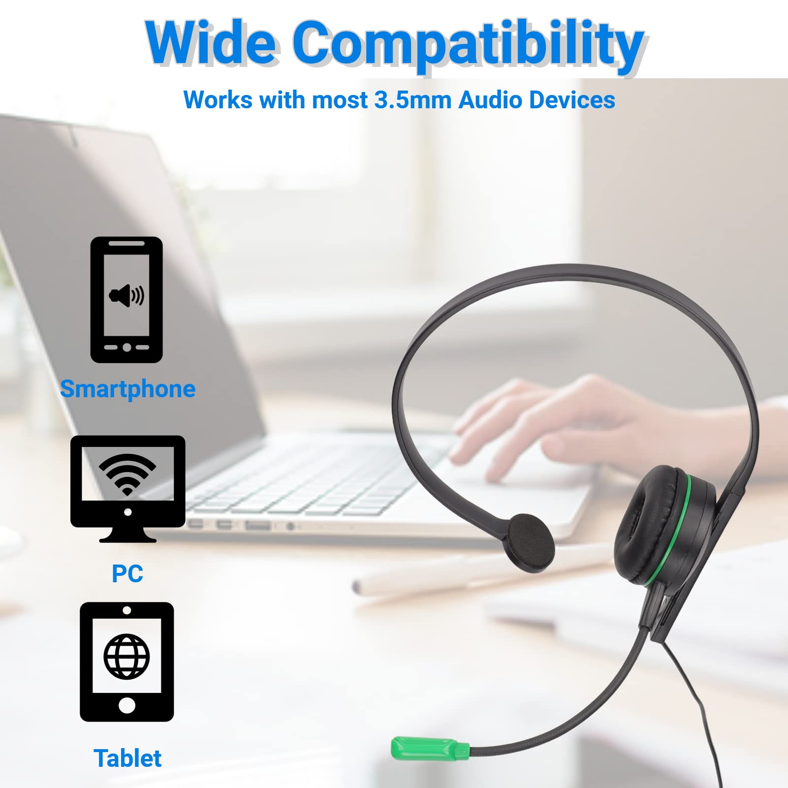 Noise Cancelling Wired Gaming Headset with 3.5mm Single Ear Design & Clear Microphone - Plug & Play for PC, Laptop, Computer - Perfect for Gaming, Online Meetings & Call Centers