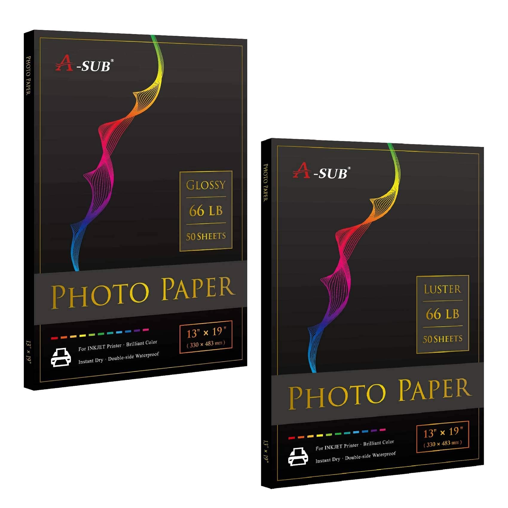 Premium A-SUB 50 Sheets Glossy & 50 Sheets Luster Photo Paper 13x19 Inch - 66lb Heavyweight for Inkjet Printers - Ideal for Professional Photos, Art Prints & Home Decor Projects