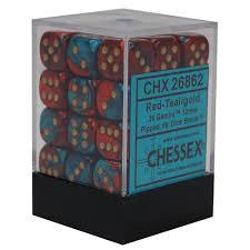 Chessex D6 36-Pack Red Teal with Gold Gemini 12mm Pipped Dice Set - Perfect for D&D, Board Games, and RPG Adventures