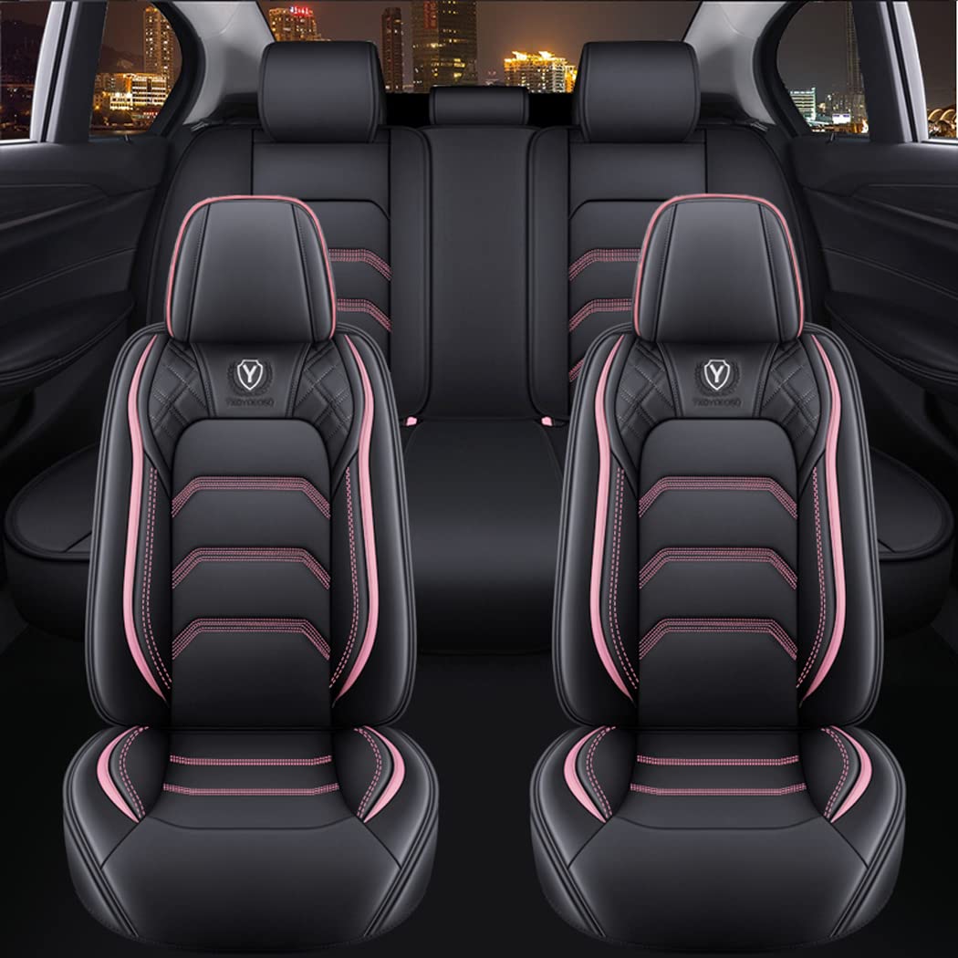 Premium Universal Leather Car Seat Covers Full Set (5 Seats) - Black & Pink - Soft Comfort & Durable Protection for SUVs, Sedans & Trucks - Perfect for Road Trips, Commuting & Family Travel