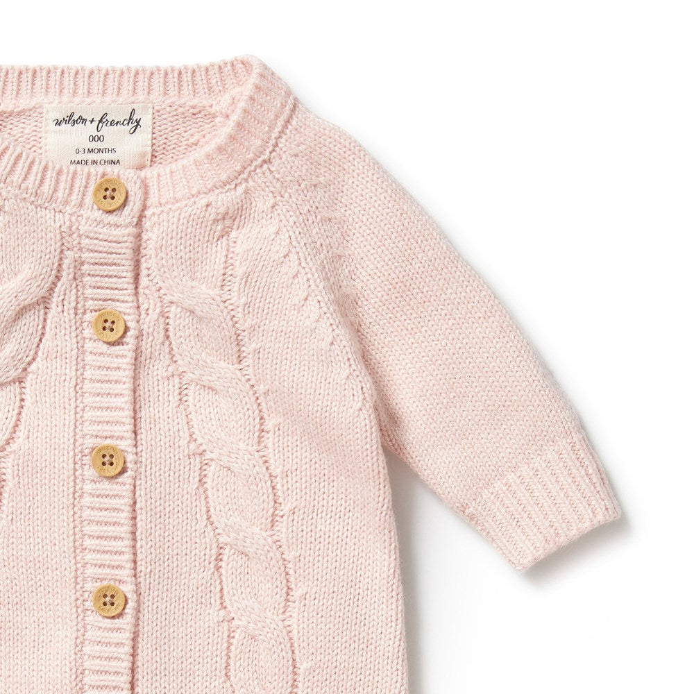 Pink Knitted Cable Growsuit for Baby - Soft & Stretchy Winter Romper - Perfect for Newborn Photoshoots & Cozy Family Outings