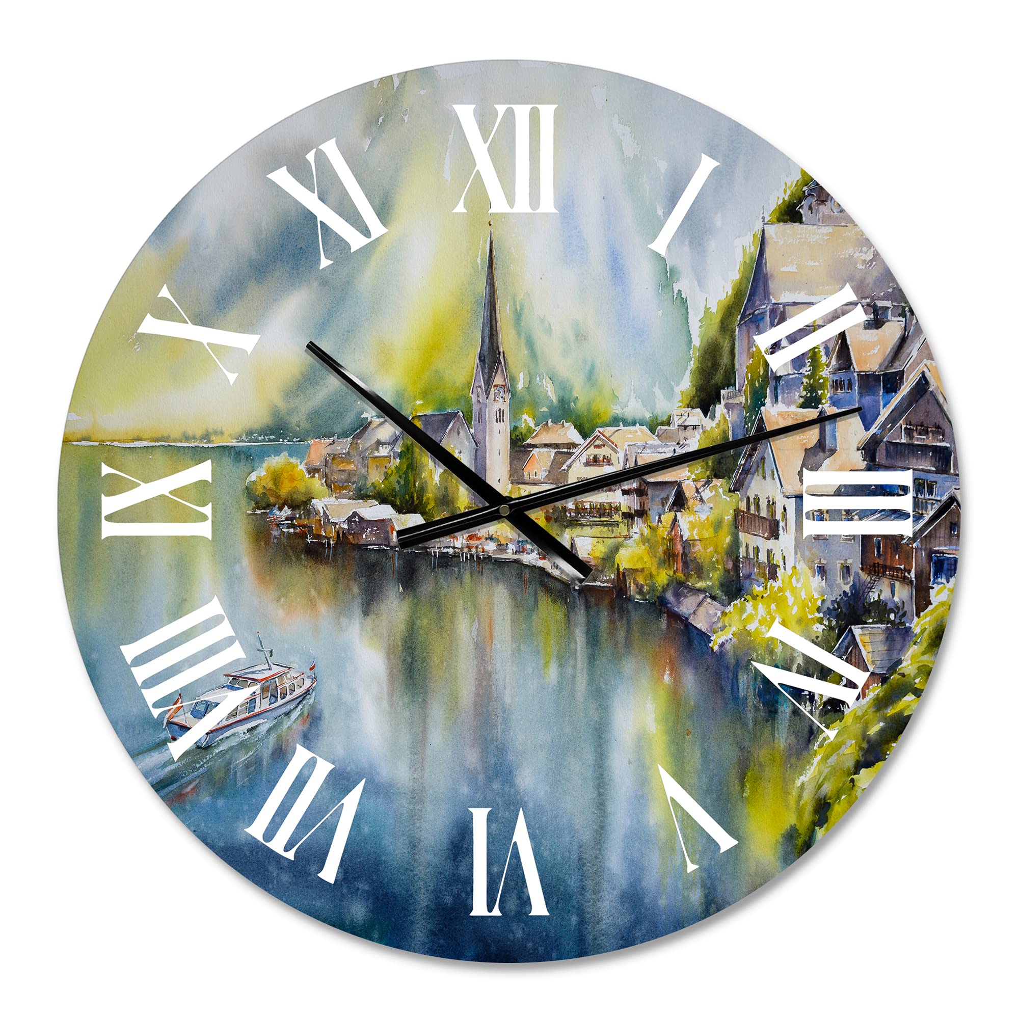 DesignQ Nautical Coastal Wall Clock - 'Mountain Village by The River in Austria' Landscape Nature Large Wall Decor for Living Room, Bedroom & Office - Perfect for Home, Beach House & Cabin Decor