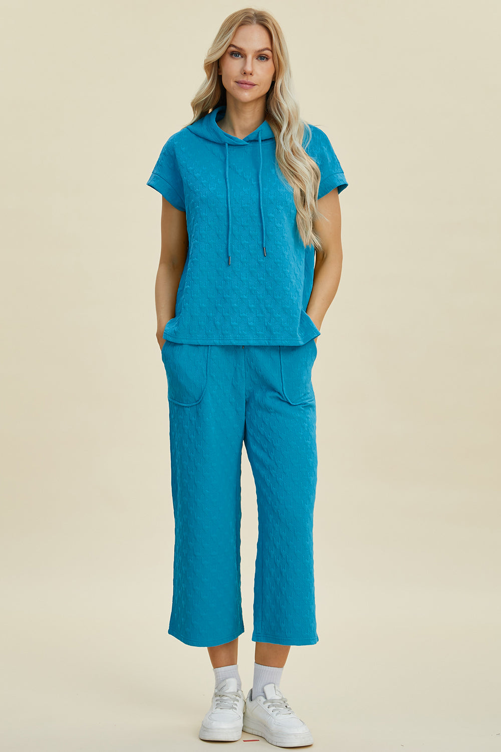 Double Take Full Size Textured Drawstring Short Sleeve Hoodie & Pocketed Pants Set - Casual Loungewear for Men and Women | Perfect for Home, Gym, and Outdoor Activities