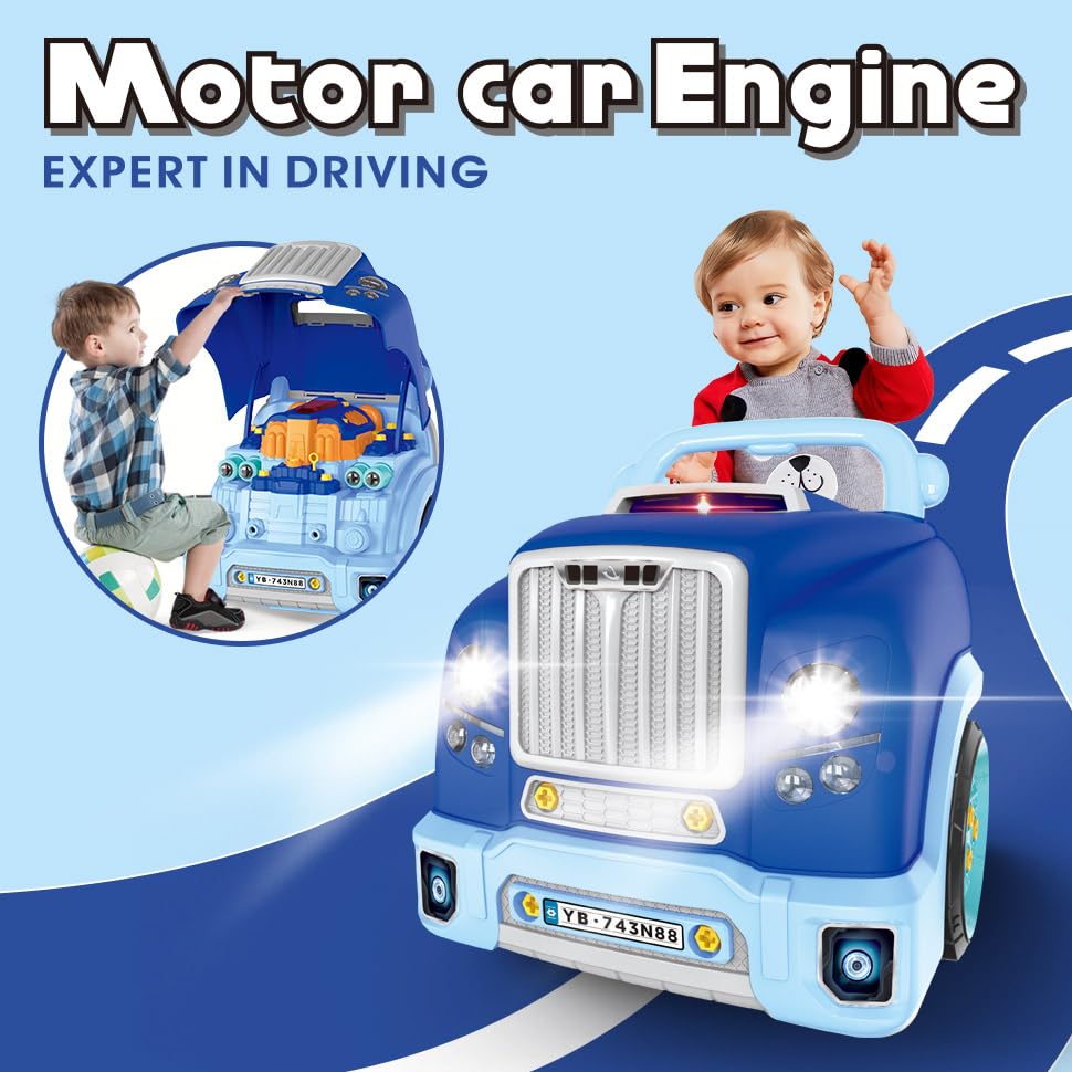 Interactive Truck Engine Toy with Removable Parts - Lights & Sounds STEM Learning Toy for Kids - Educational Pretend Play for Young Mechanics to Develop Creativity & Motor Skills - Perfect for Birthday Gifts & Indoor Playtime (Blue)