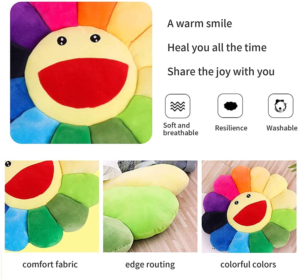 Rainbow Plush Sunflower Throw Pillow with Smiley Face - 60x60cm Soft Floor Cushion for Home Decor, Living Room, Bedroom & Sofa - Perfect for Reading Nook, Lounge Area and Cozy Decorations (Black)