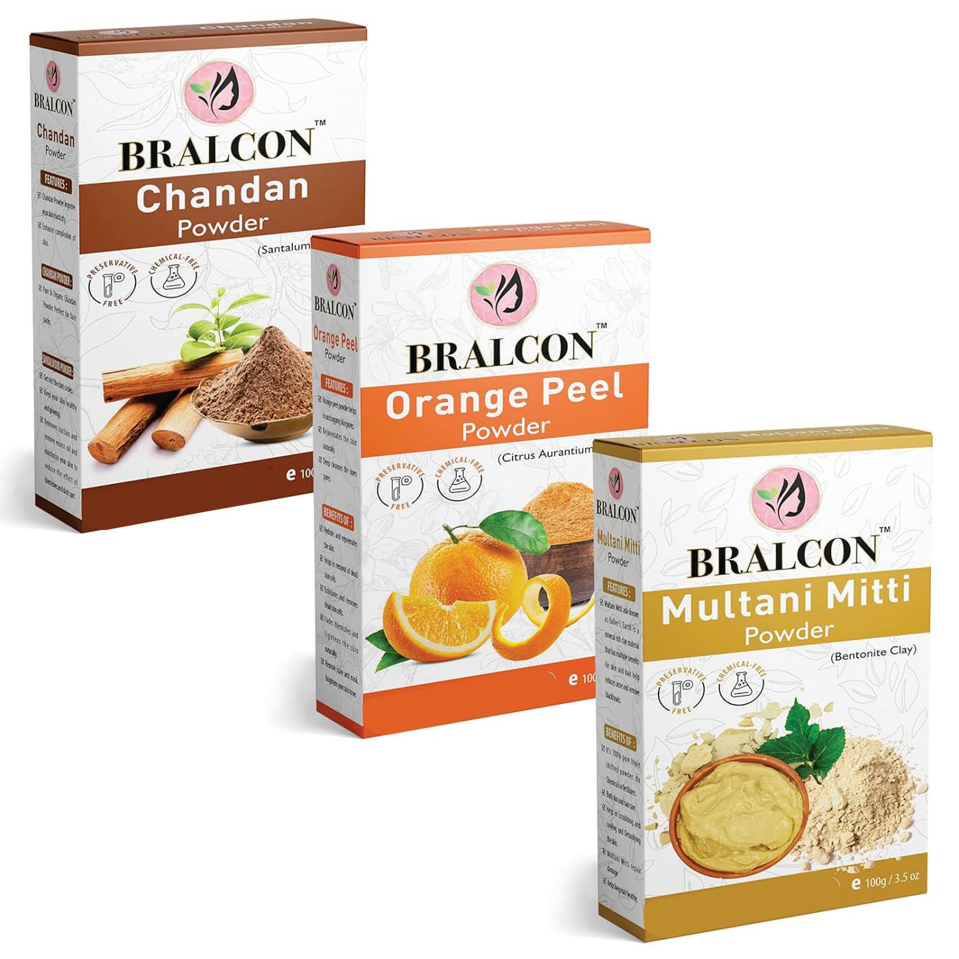 BRALCON Organic Sandalwood, Orange Peel, Fuller's Earth Powder Combo - 300g (100g x 3 Pack) | Natural Face Mask for Glowing Skin | Ayurvedic Skin Care Treatment for Dry Skin | Perfect for DIY Facials, Spa Days & Daily Skincare Routine
