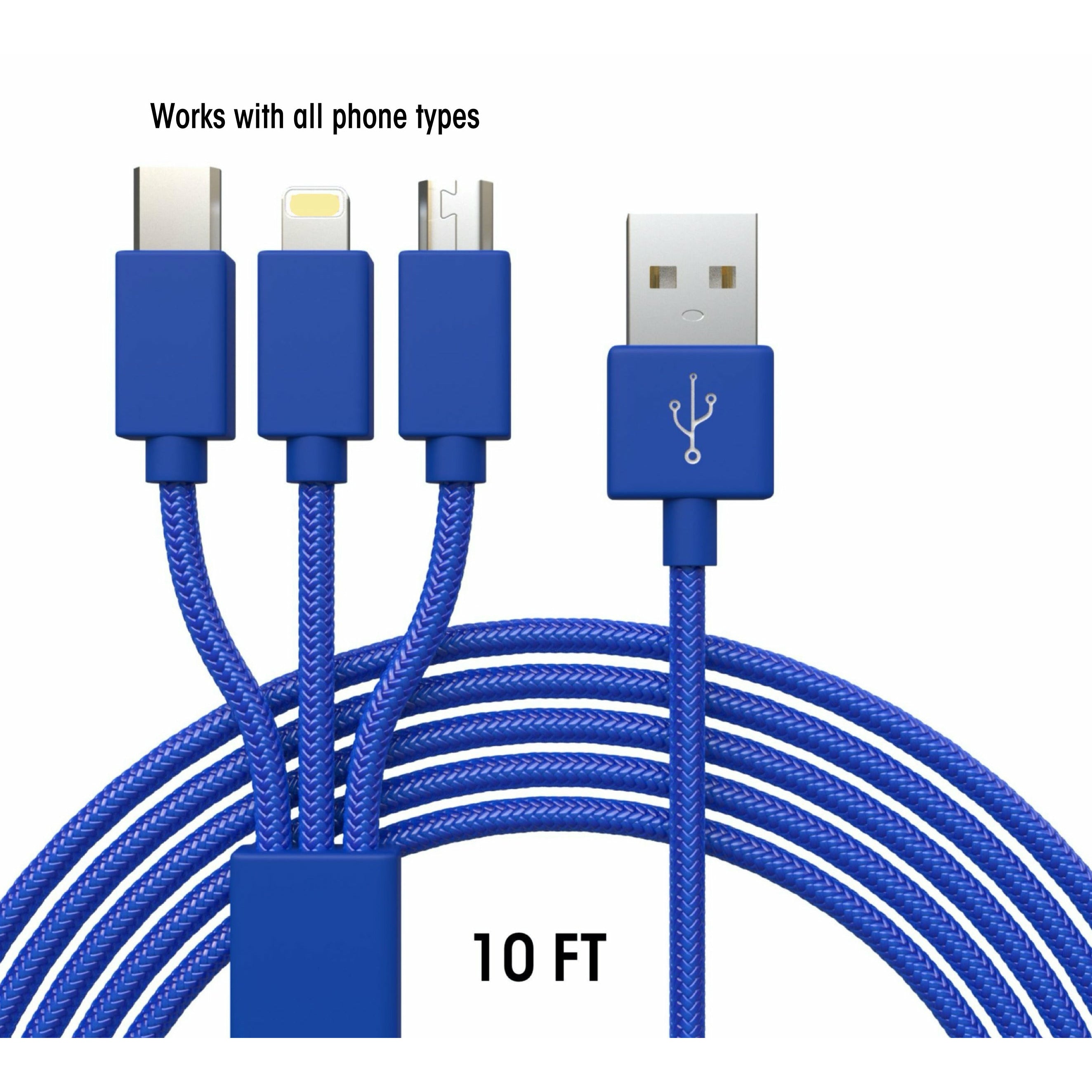 XXL 3-in-1 Blue Charging Cable 10FT - Fast Charging USB Cable for iPhone, Android & More - Perfect for Home, Office & Travel