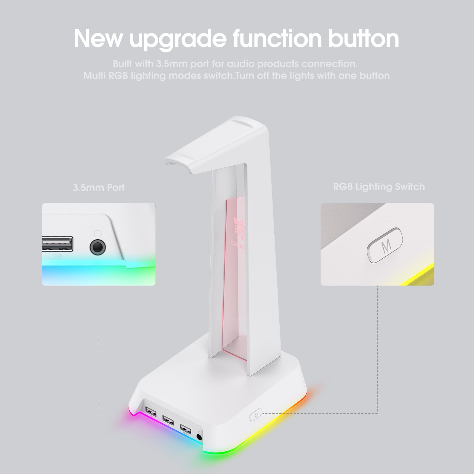 ONIKUMA ST2 RGB Gaming Headphone Stand with 3 USB Ports & 3.5mm AUX Jack - Perfect for PC Gaming Setup, Streaming Studio & Office Workspace