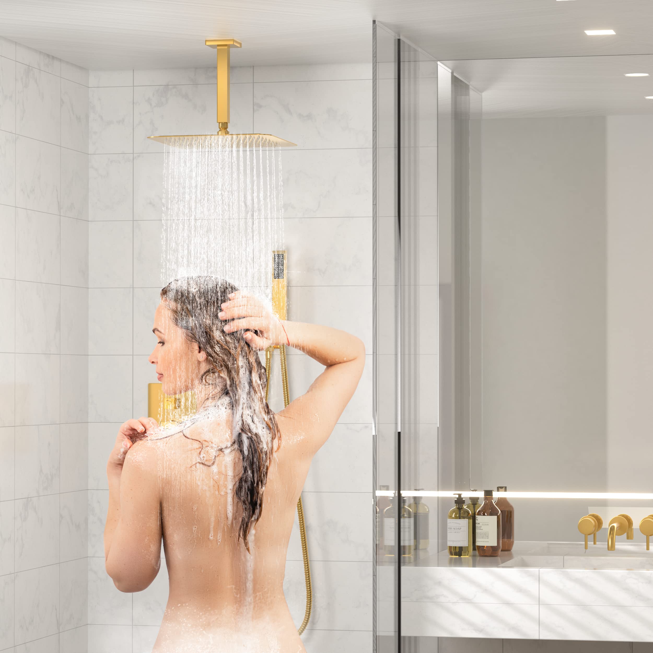 Luxury 12 Inch Rain Shower Head with Handheld Combo - High Pressure Ceiling Mount Dual Shower System - Polished Gold Shower Faucet Set with Valve & Trim - Perfect for Spa-Like Bathroom Experience & Modern Home Upgrade