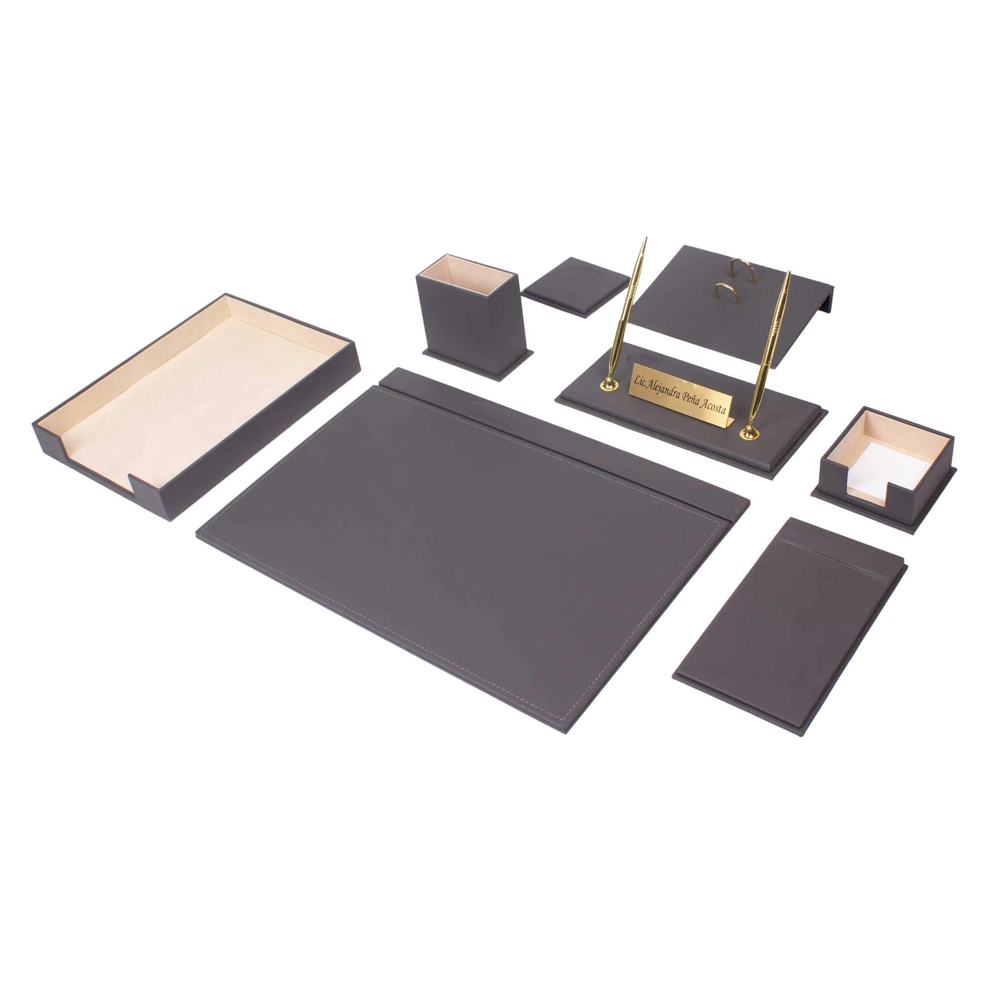 Premium Leather Desk Organizer Set - 10-Piece Bonded Leather Document Tray & Office Accessories for Professional Workspace (Gray) - Perfect for Home Office, Executive Desk & Corporate Gifts