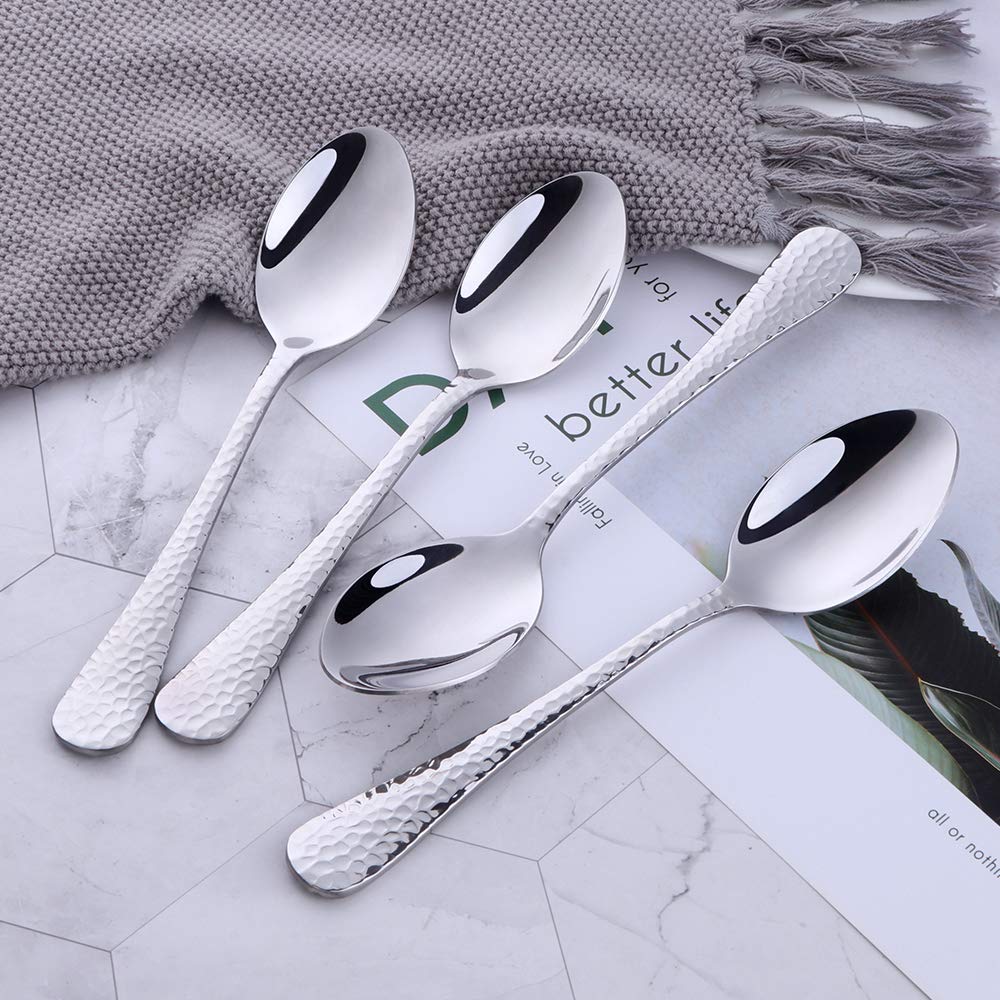 Premium 8-Inch Stainless Steel Dinner Spoons Set of 12 - Mirror Polished Salad & Dessert Spoons with Hammered Surface for Home, Hotel & Restaurant Use - Dishwasher Safe Silverware for Everyday Dining & Entertaining
