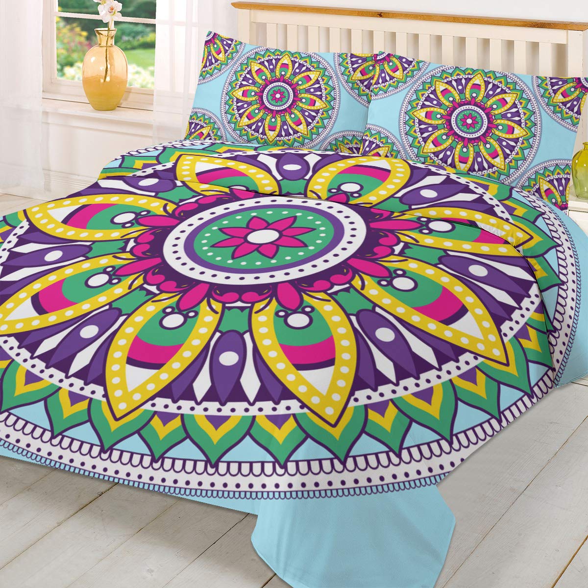 100% Washed Microfiber Duvet Cover Set - 3 Piece Luxury Soft Bedding Set | Ultra Soft Organic All-Season Comforter Cover for Queen Size Bed | Perfect for Home, Hotel & Bohemian Decor | Psychedelic Mandala Flower Design