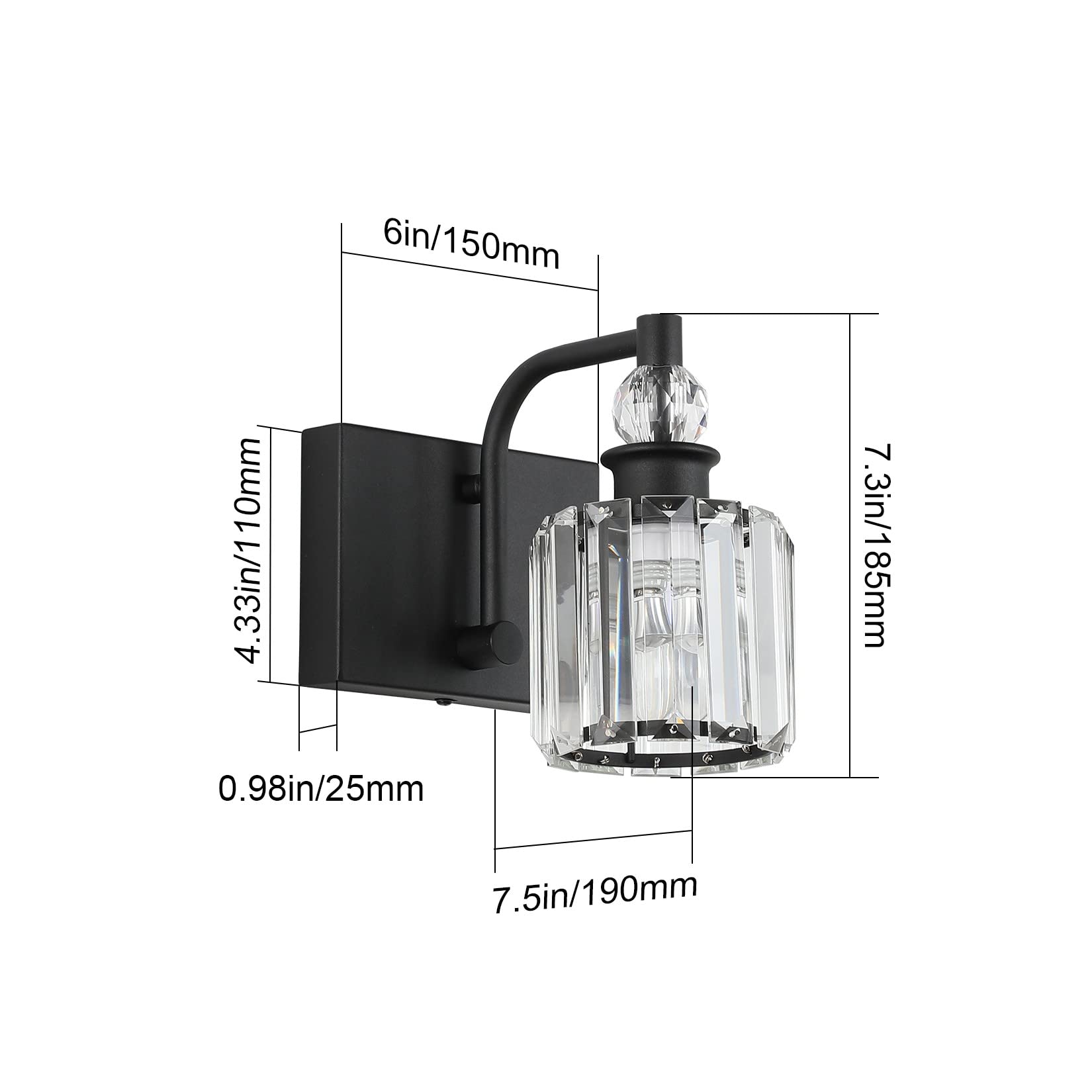 Ralbay Crystal Black Wall Sconce - 1 Light Modern Bathroom Vanity Lighting Fixture with Elegant Crystal Accents for Bathroom, Bedroom, or Hallway Decor