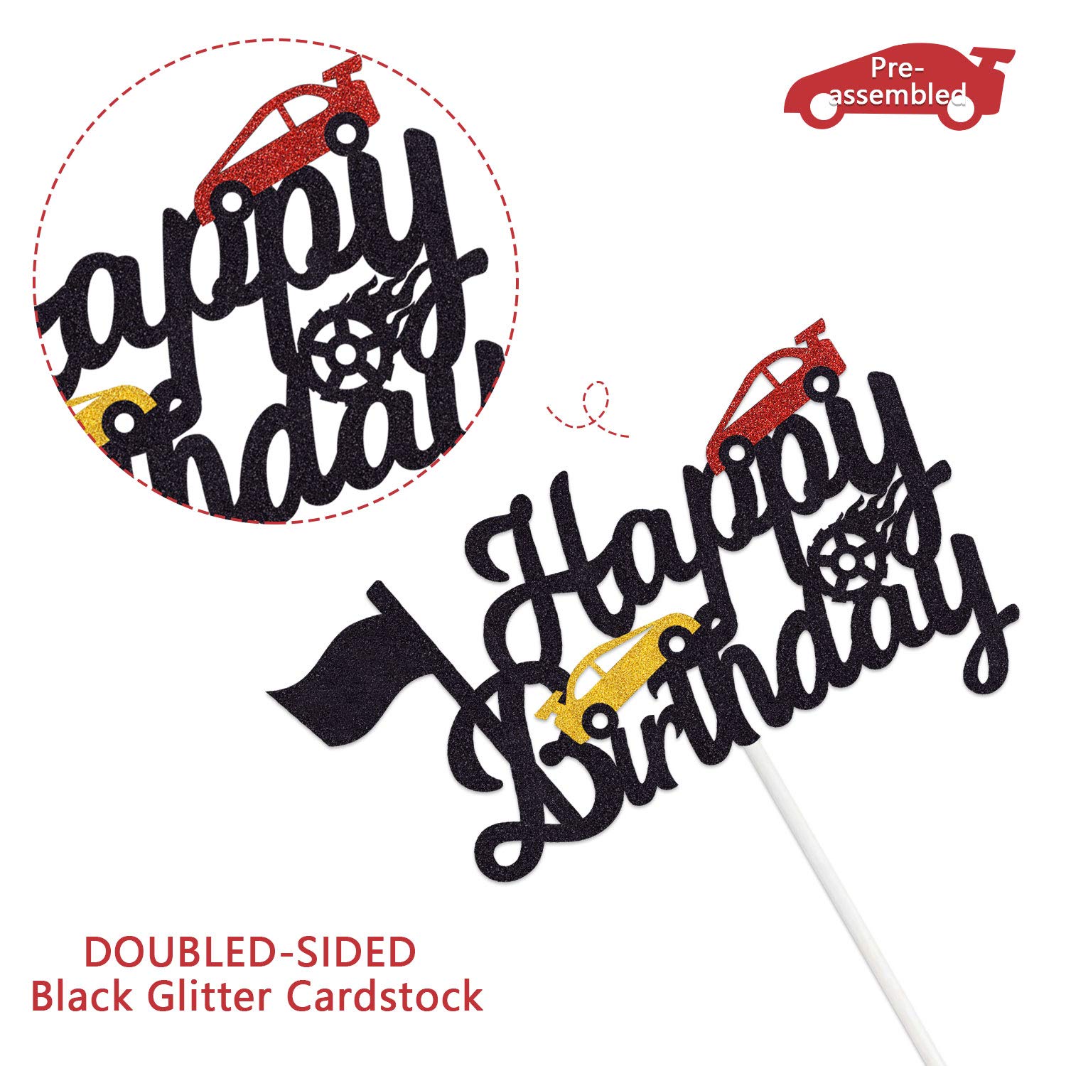 Marwey Race Car Birthday Cake Topper - Happy Birthday Cake Decor with Chequered Flag Design - Double-Sided Party Supplies for Kids' Race Car Themed Birthday Celebrations
