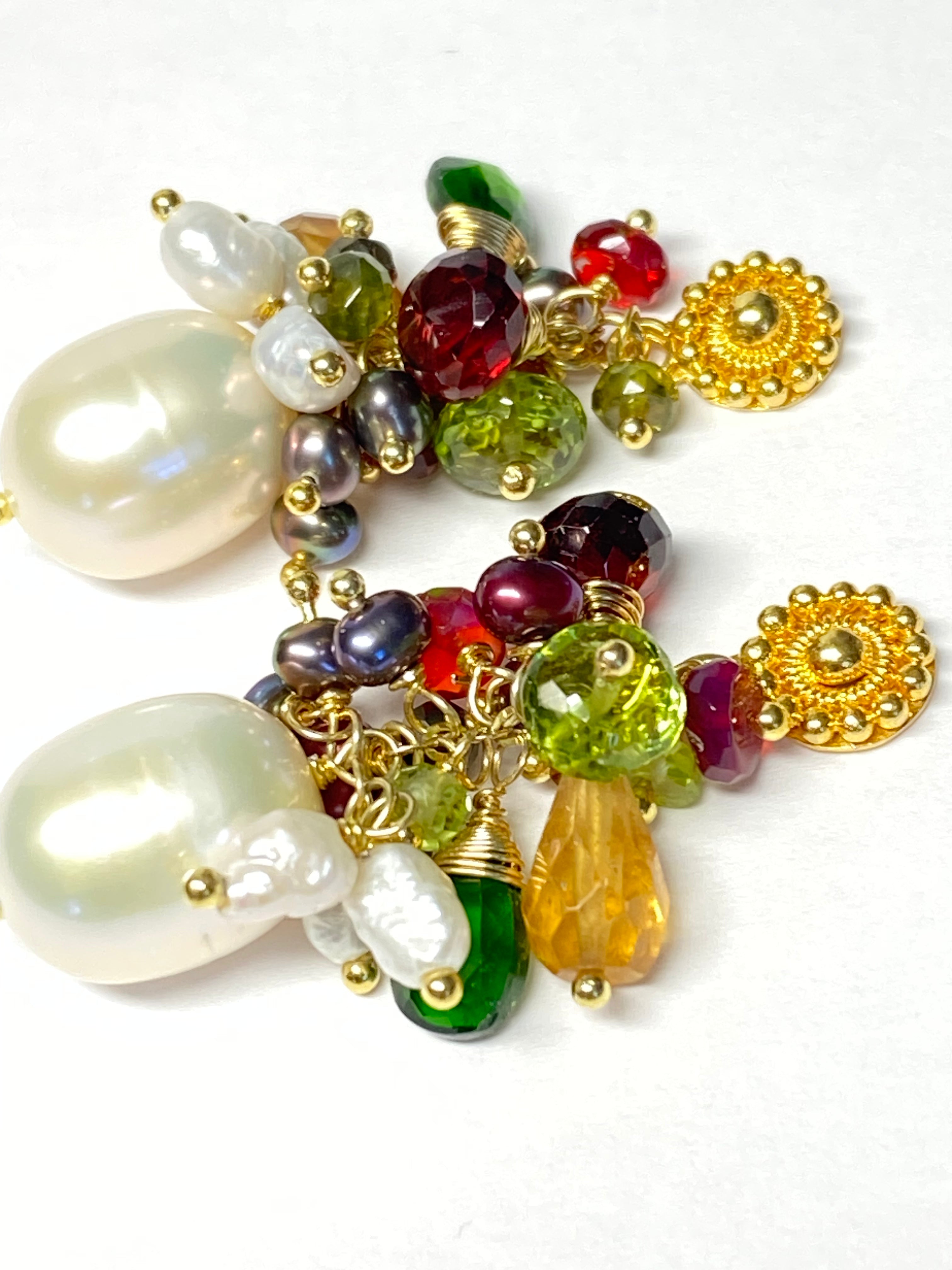 Multi-Color Gemstone & Pearl Cluster Gold Post Earrings for Women | Dainty Stud Earrings for Everyday Wear, Gift Giving & Special Occasions