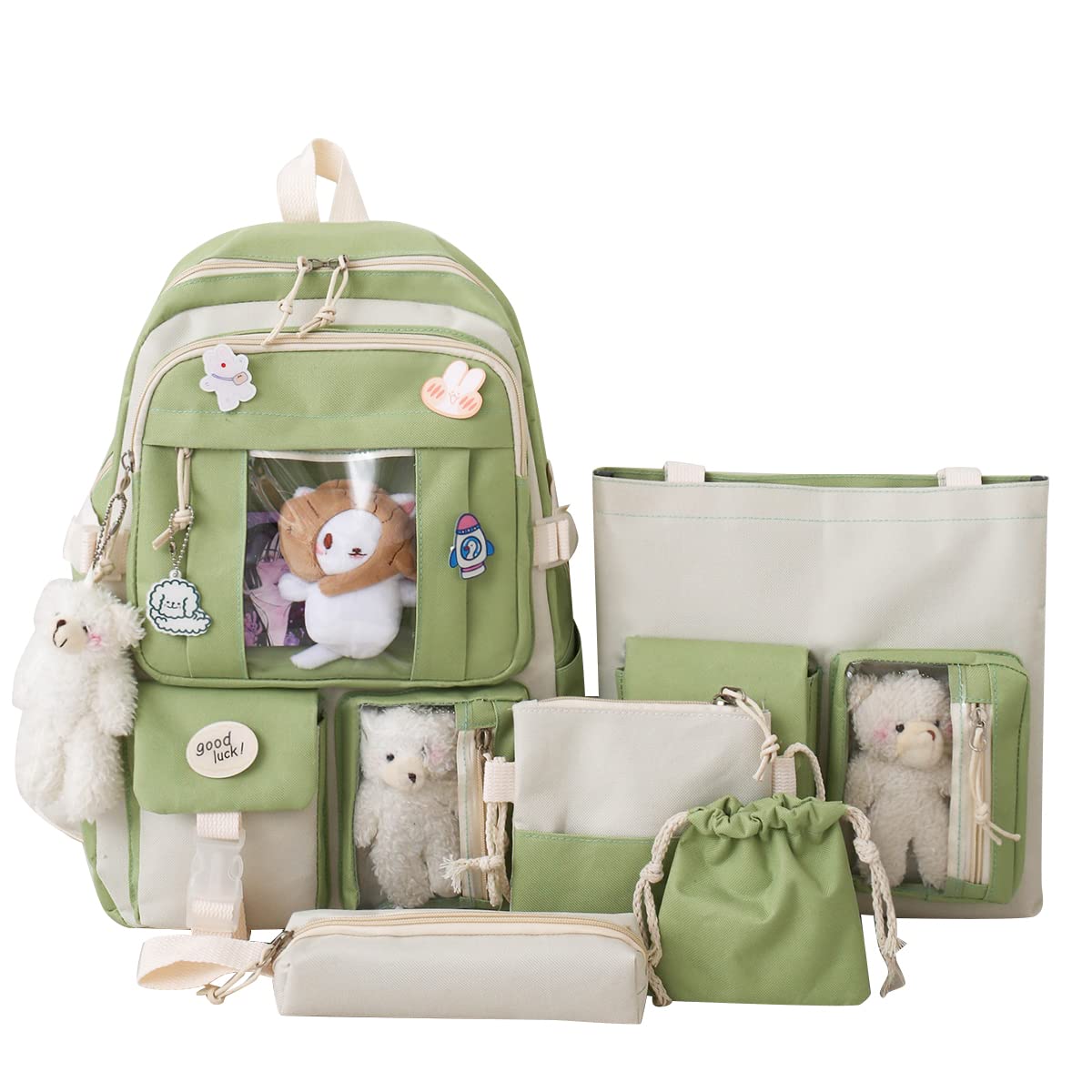 Preppy Kawaii Backpack Set for School Girls - 5 Pcs with Pins & Accessories (Green) - Cute School & Travel Use