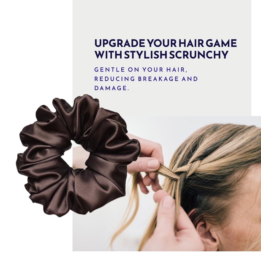 Premium Satin Silk Hair Scrunchies Set of 3 - Soft Ponytail Holders & Volumizing Hair Ties for Women & Girls (Large, Coffee) | Perfect for Work, Gym, Sleep & Everyday Styling
