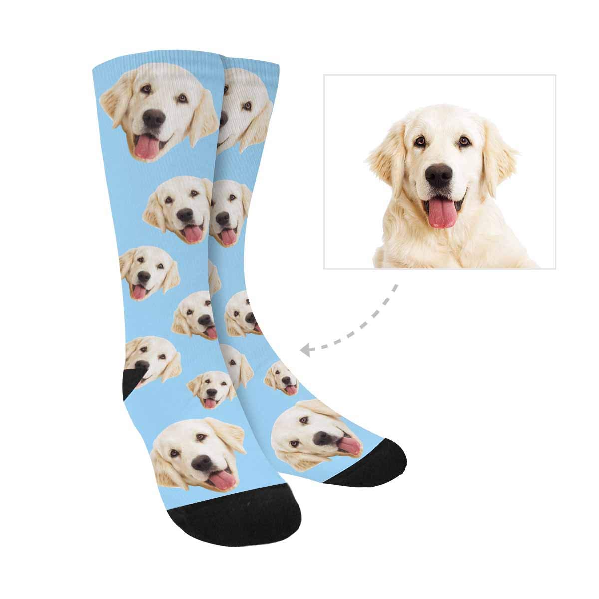 Custom Photo Dog Face Socks - Personalized Unisex Crew Socks with Changeable Pup Design - Blue | Fun Gift for Pet Lovers, Christmas Stocking Stuffer, Novelty Gift Idea
