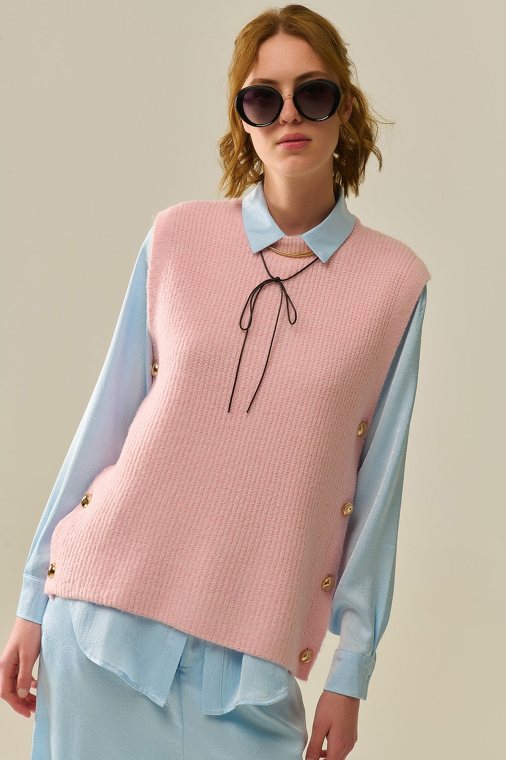 Women's Pink Sleeveless Button-Down Blouse with Gold Buttons - Perfect for Summer Outfits, Office Wear & Casual Chic Style