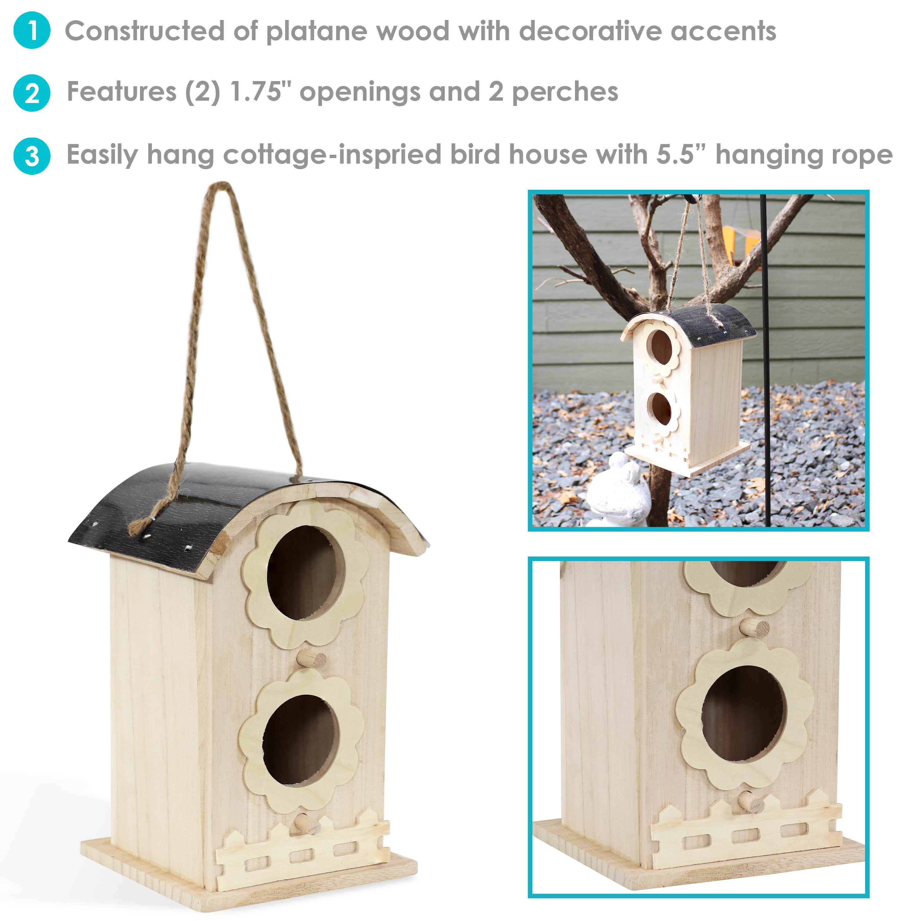 Sunnydaze Wooden Bungalow Outdoor Hanging Bird House - Natural Wood Bird Feeder for Garden, Patio & Backyard - Attracts Wild Birds for Birdwatching & Nature Lovers