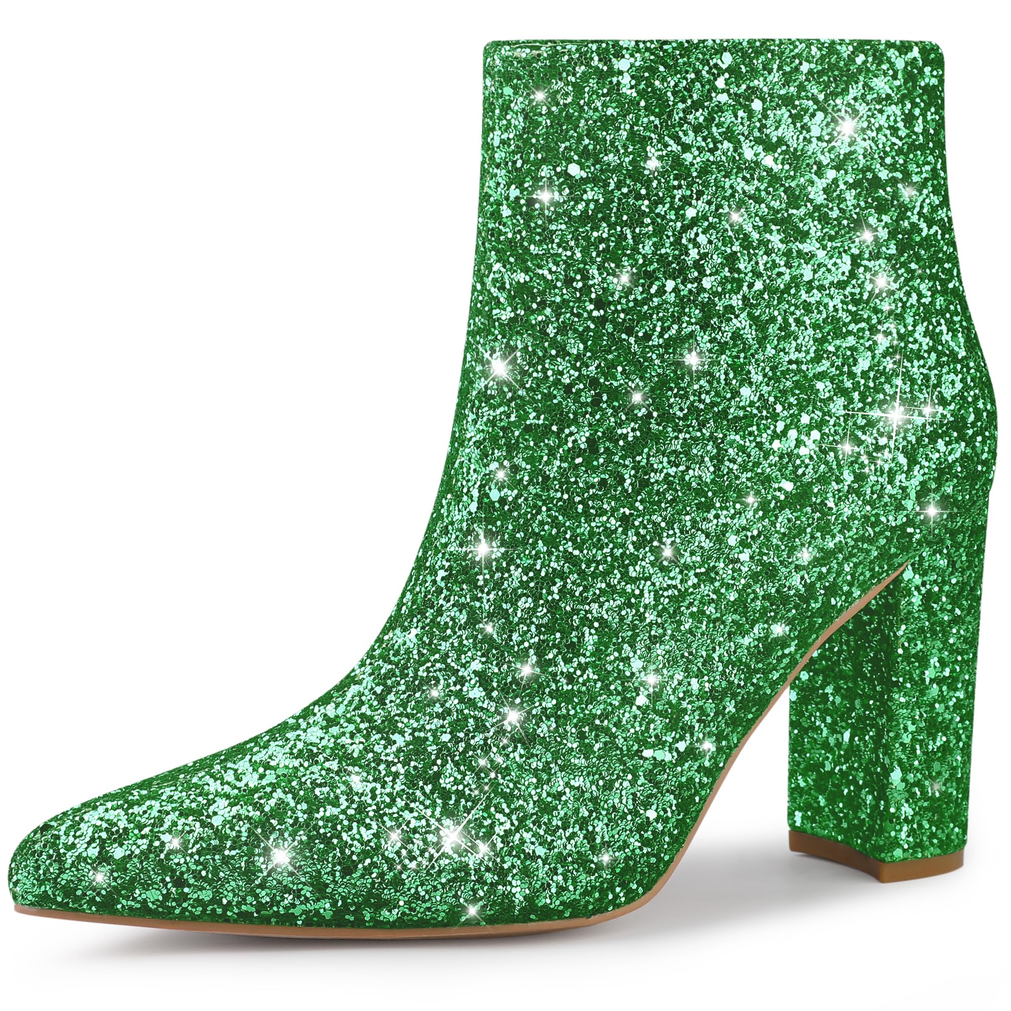 Sparkly Women's Chunky Heel Ankle Boots - Pointed Toe Glitter Booties for Party, Night Out & Special Occasions