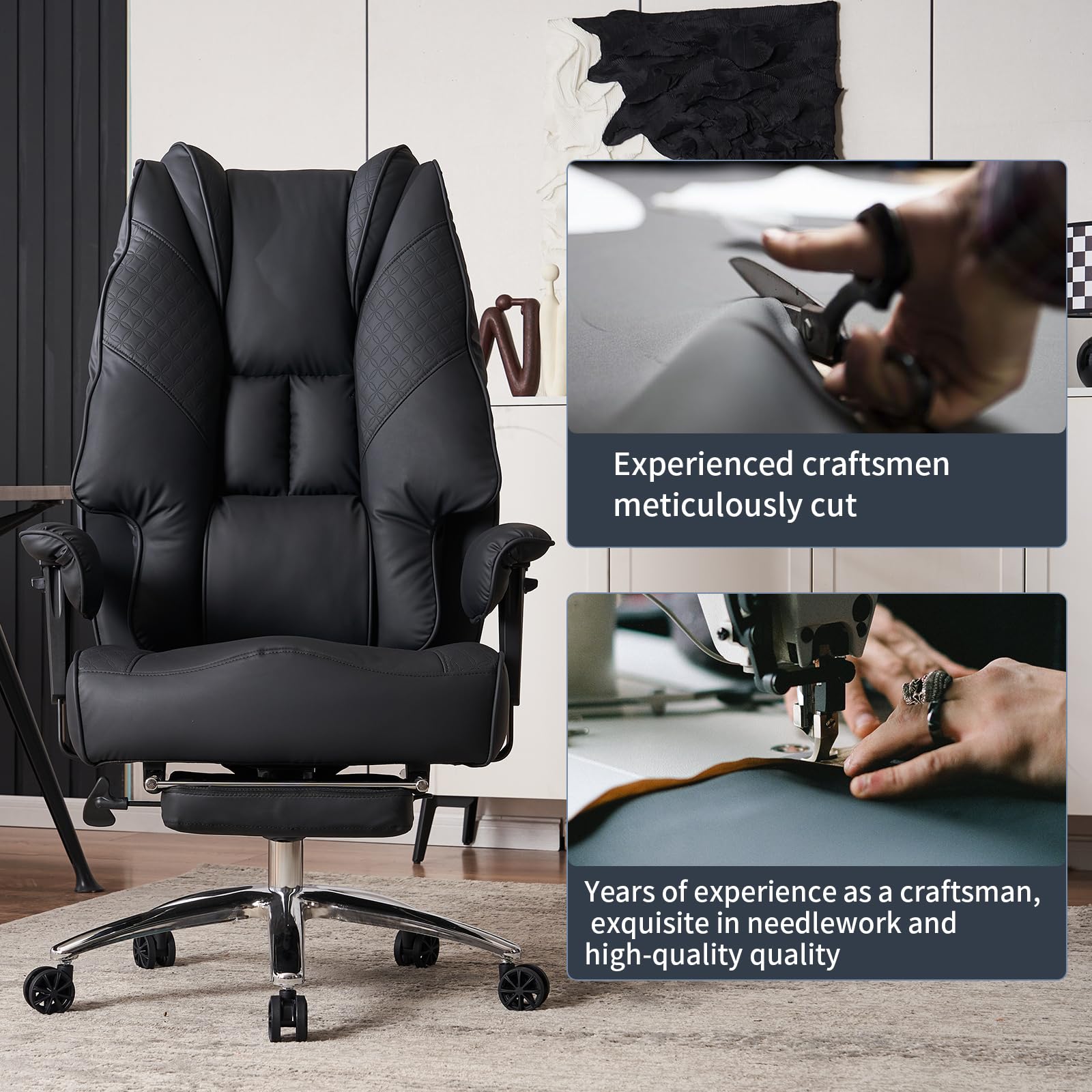 Big and Tall Office Chair 400lbs Capacity - Wide Seat Leather Executive Chair with Adjustable Lumbar Support & Footrest - Ergonomic High Back Desk Chair for Back Pain Relief - Perfect for Home Office, Gaming & Workspace (Black)