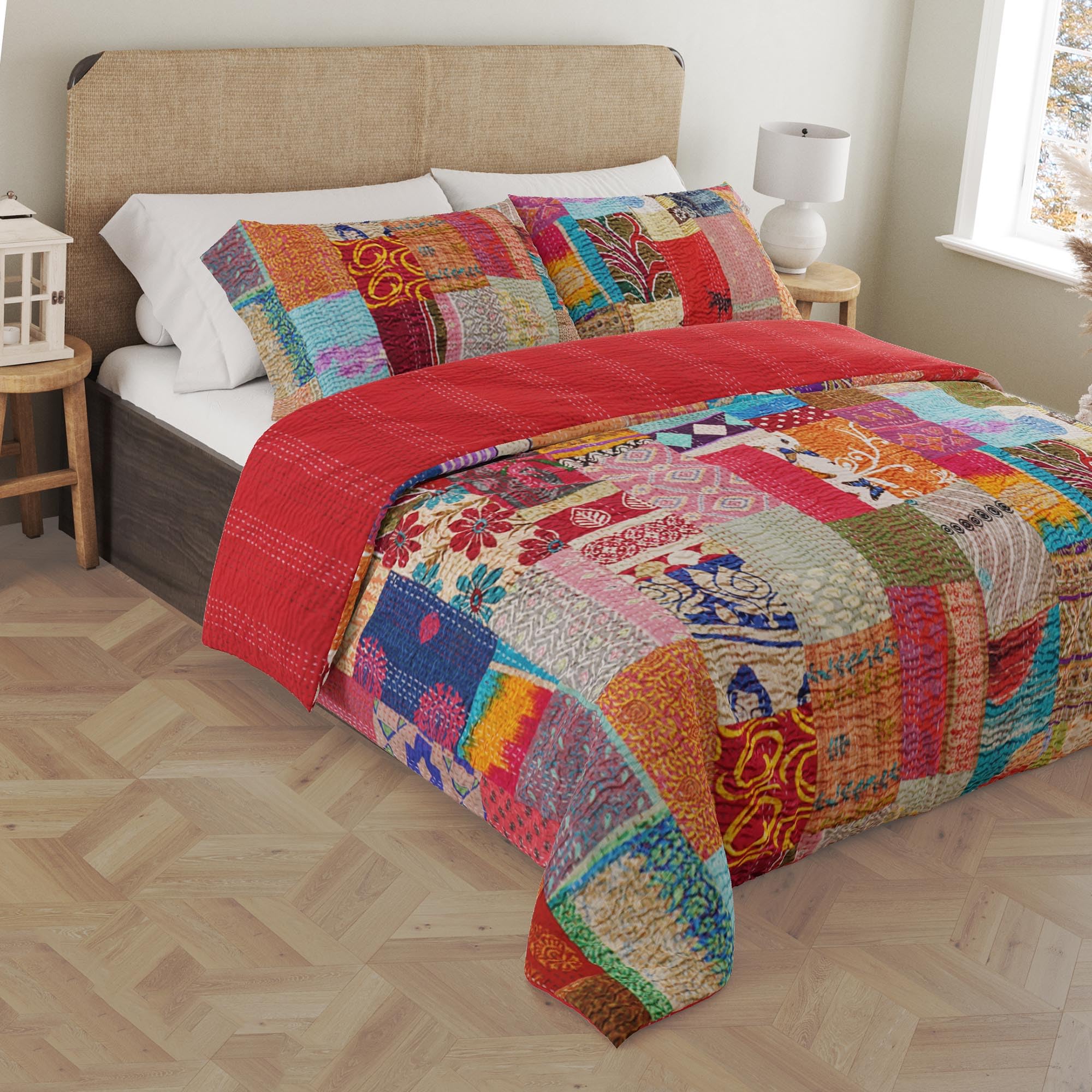 Handmade Cotton Kantha Quilt - Indian Silk Sari Patchwork Blanket (Multicolor, Queen Size 90x108 Inches) with Pillow Cover - Cozy Bedspread for Home Decor, Boho Chic Bedroom, Yoga Meditation Throw