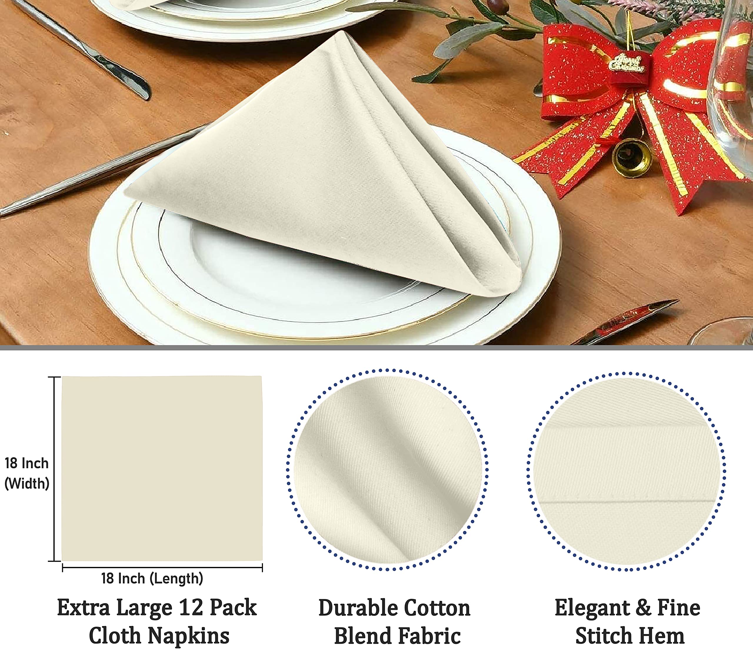 Premium 12-Pack Ruvanti 18x18 Inch Washable Cotton Blend Cloth Napkins - Soft, Durable & Highly Absorbent for Restaurants, Weddings & Dinner Parties (Ivory/Cream) | Elegant Table Linens for Fine Dining & Special Occasions