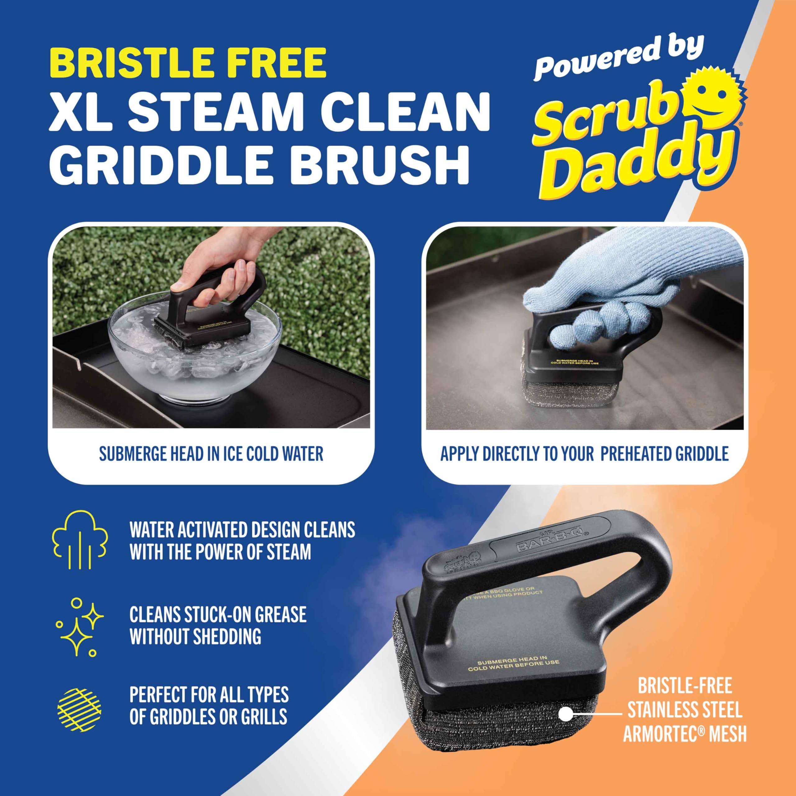 Mr. Bar-B-Q Bristle-Free XL Steam Clean Grill Brush - Heavy Duty BBQ Cleaning Tool with Scrub Daddy Technology for Gas, Charcoal & Electric Grills - Perfect for Backyard BBQs, Camping & Outdoor Cooking