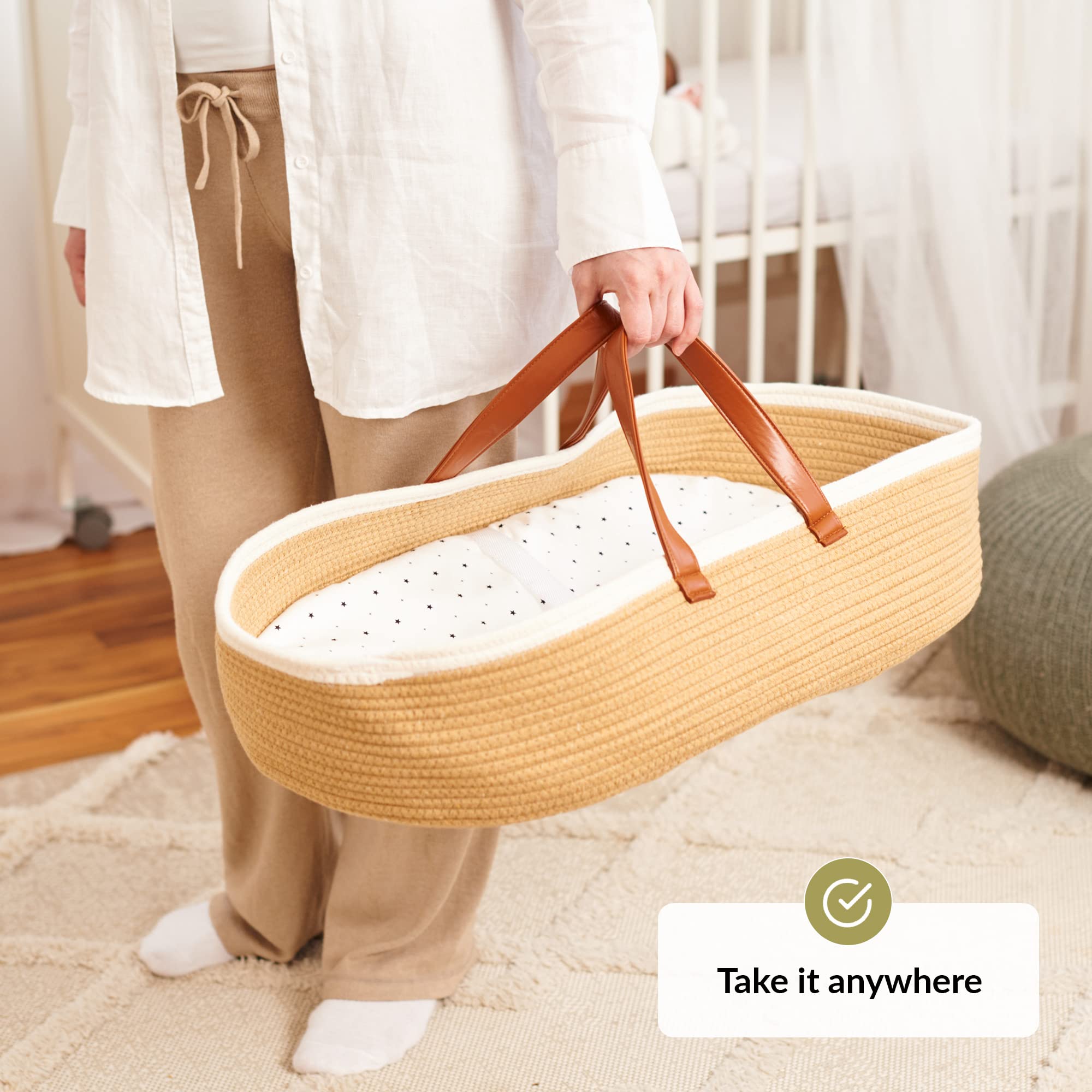 Organic Cotton Moses Baby Basket with Soft Muslin Blanket - Portable Infant Changing Basket for Nursery & Travel - Breathable Woven Bassinet with Removable Pad - Perfect for Newborn Sleep, Diaper Changes & On-the-Go Parenting