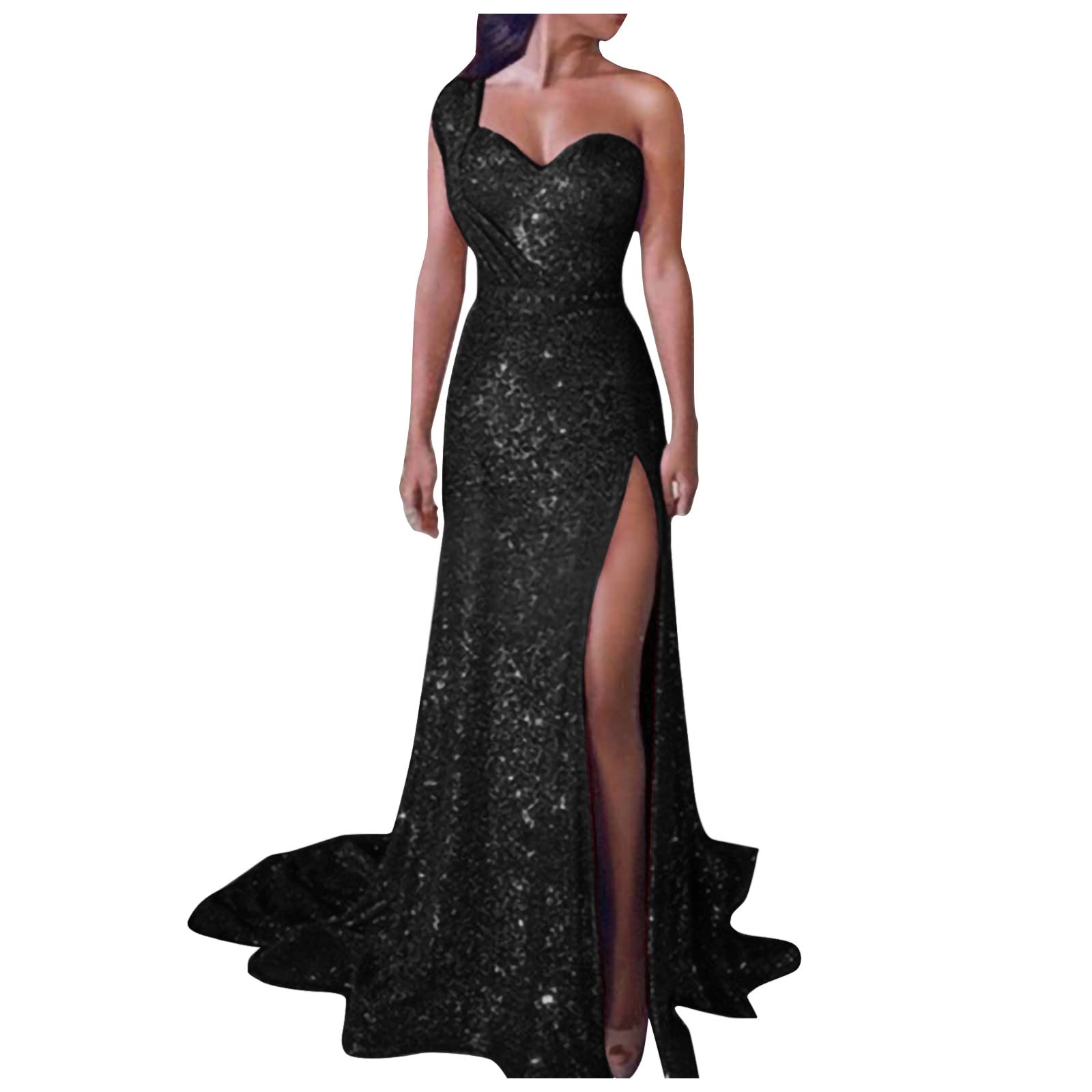 Sexy One Shoulder Sequin Evening Gown for Women - Formal Long Dress with High Slit | Perfect for Prom, Cocktail Party, Wedding Guest & Special Occasions