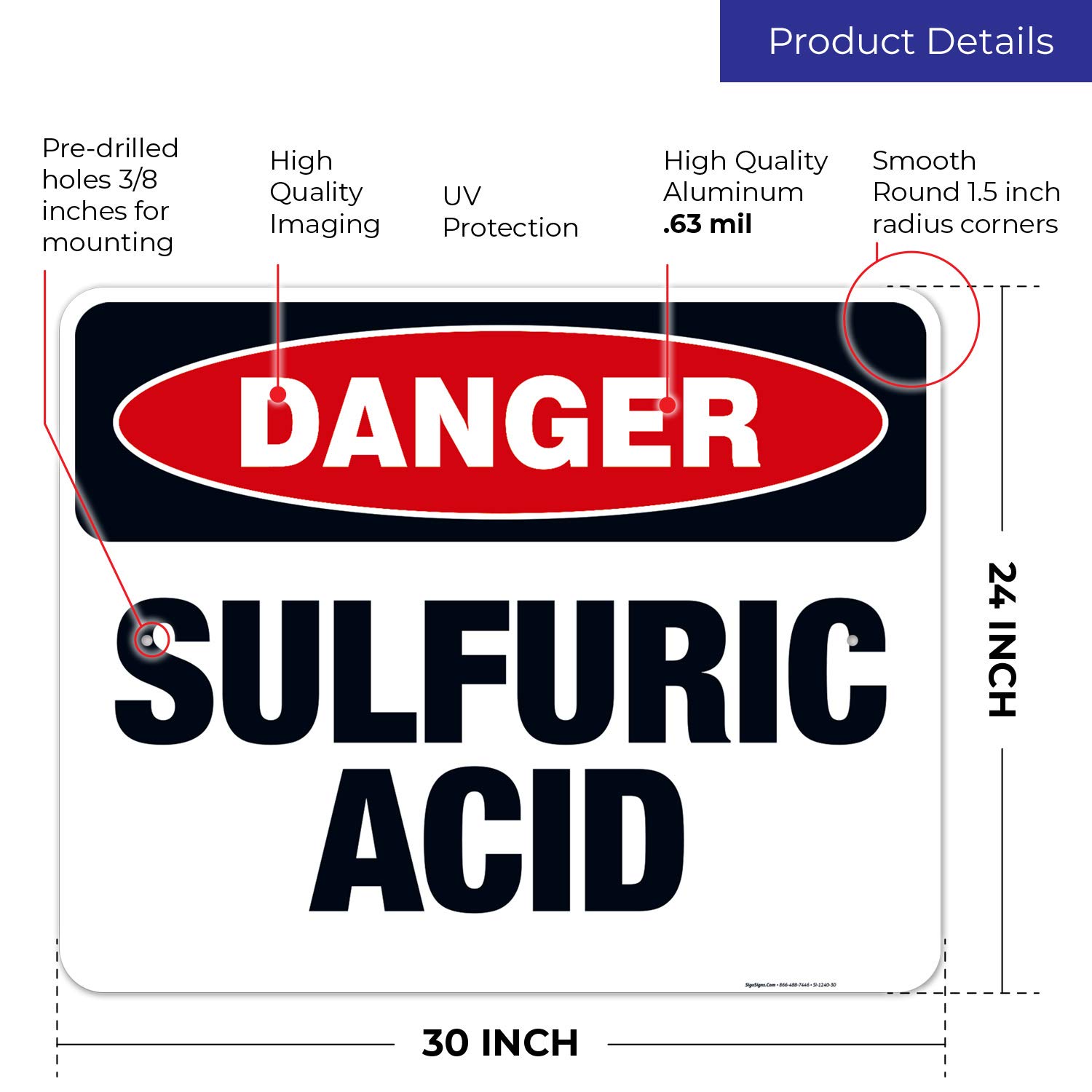 Danger Sulfuric Acid Sign - OSHA Compliant 24x30 Inches Rust-Free Aluminum Safety Sign | Fade Resistant for Indoor & Outdoor Use | Made in USA | Ideal for Chemical Storage Areas, Laboratories & Industrial Facilities