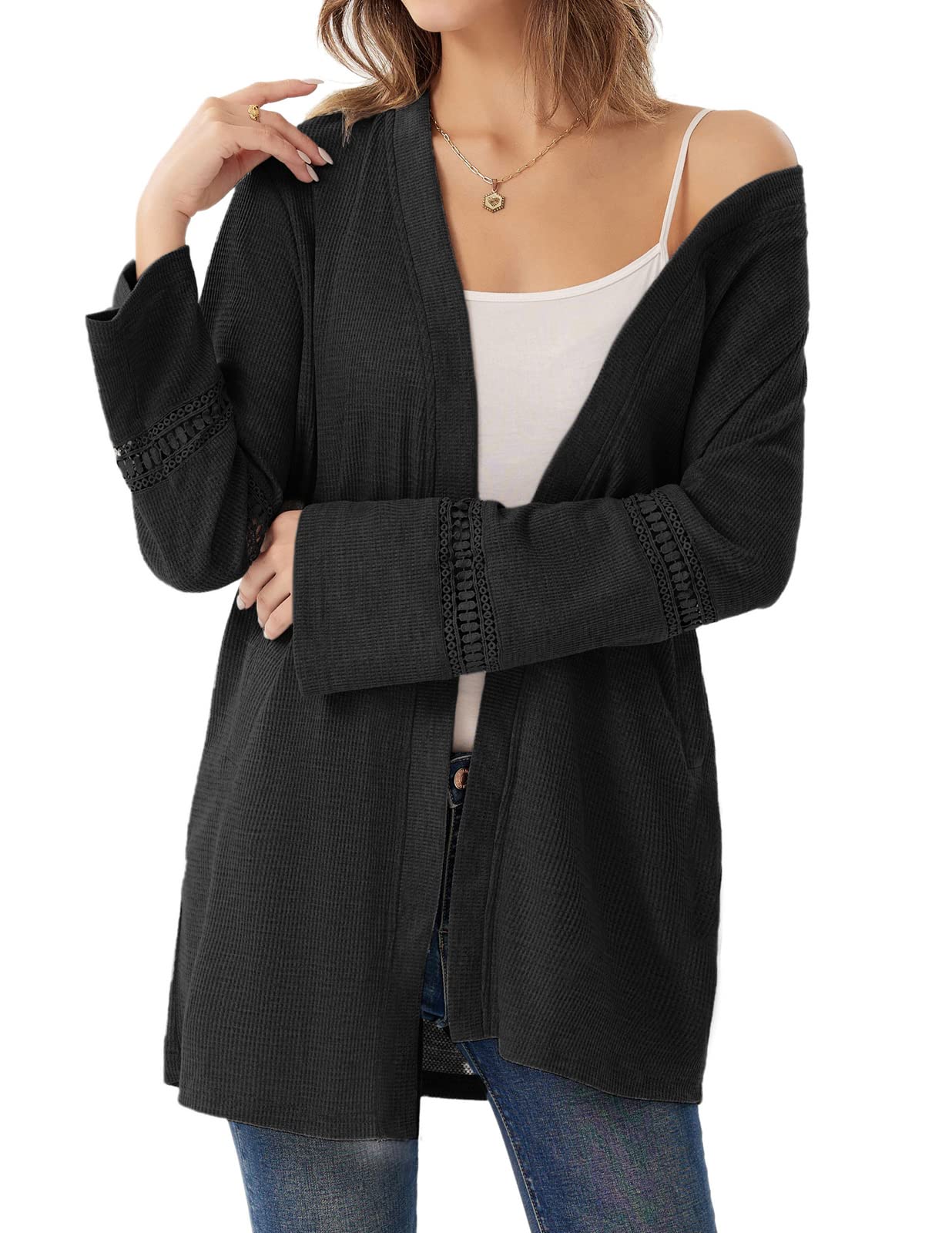 Grace Karin Women's Lightweight Loose Waffle Knit Open Front Long Cardigan Sweater with Pockets - Cozy Fall Layering Piece for Work, Travel & Casual Outfits