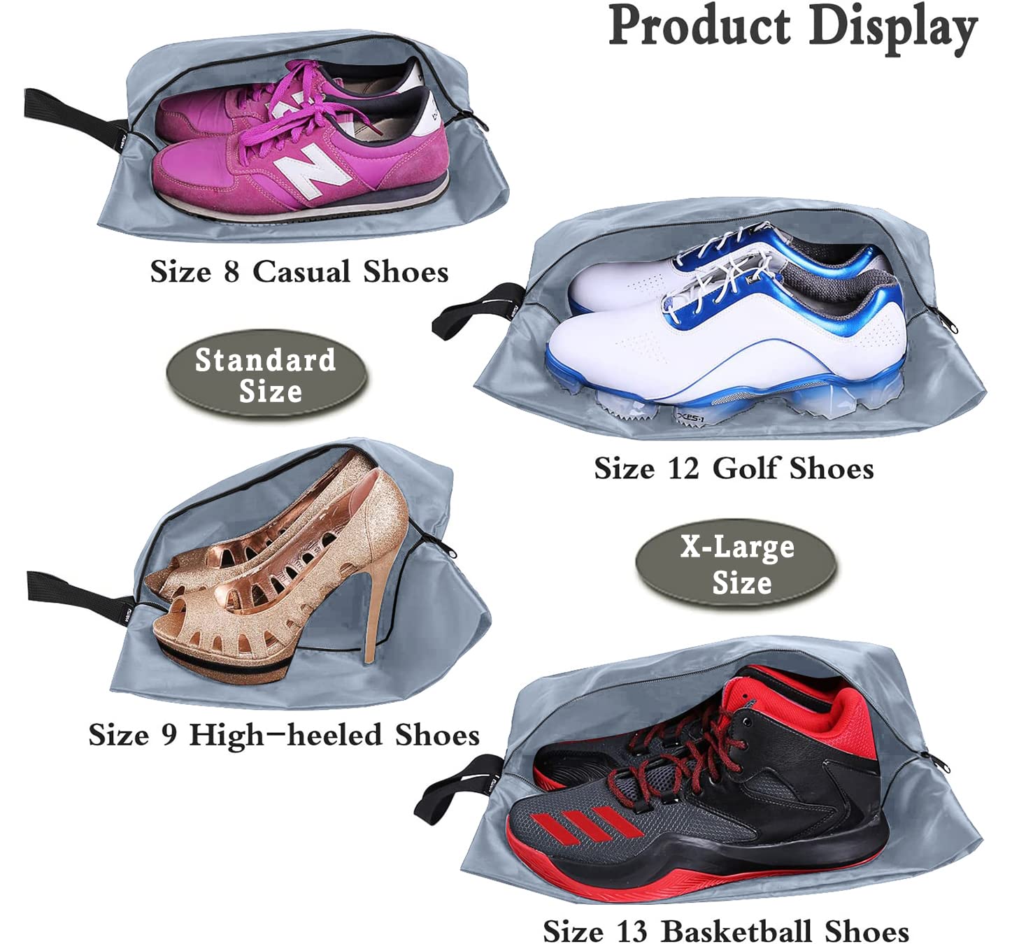 YAMIU 4-Pack Waterproof Nylon Travel Shoe Bags with Zipper for Men & Women - Grey | Perfect for Gym, Business Trips & Vacation Packing Organization