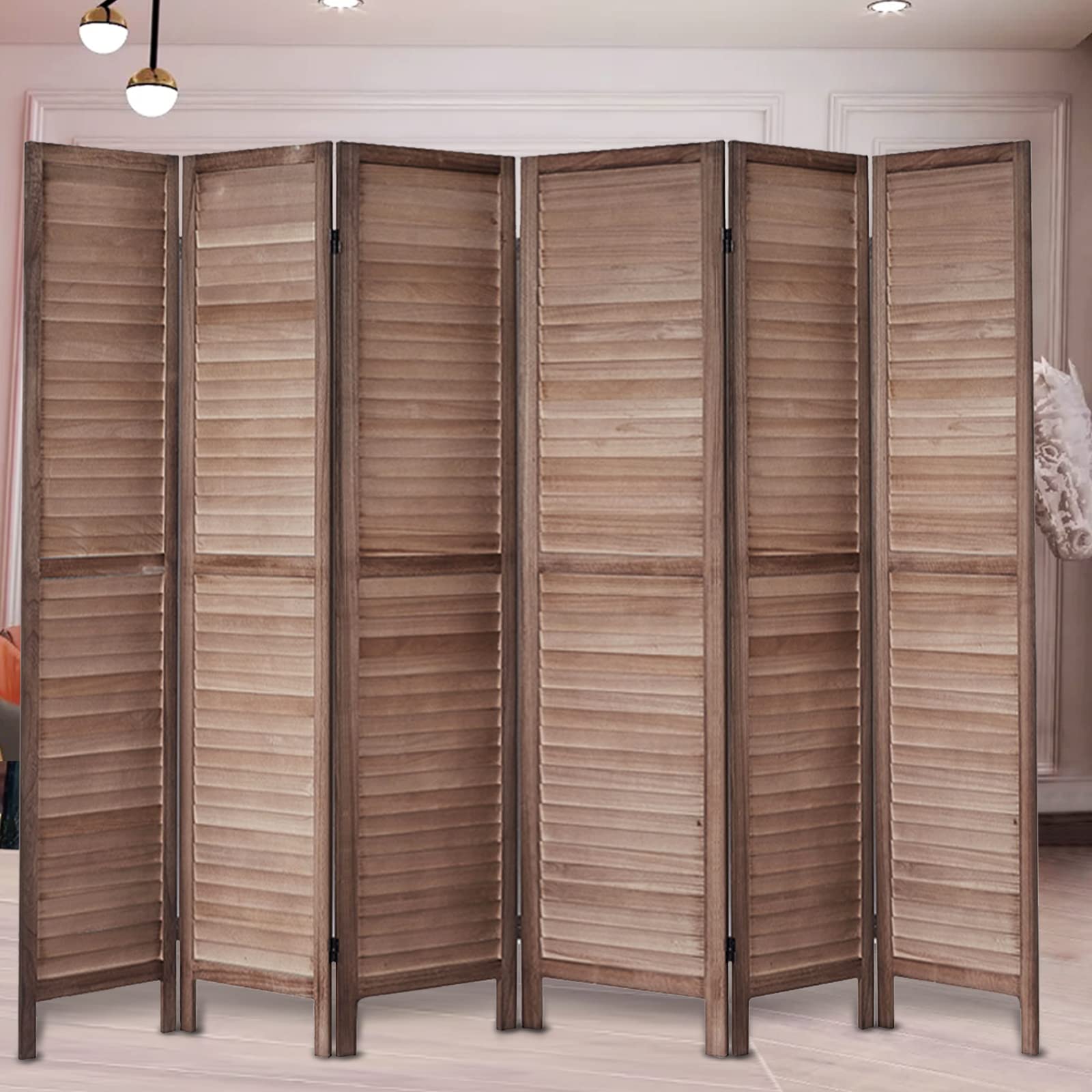 5.6 FT Tall Wood Room Divider - 6 Panel Folding Privacy Screen with 16