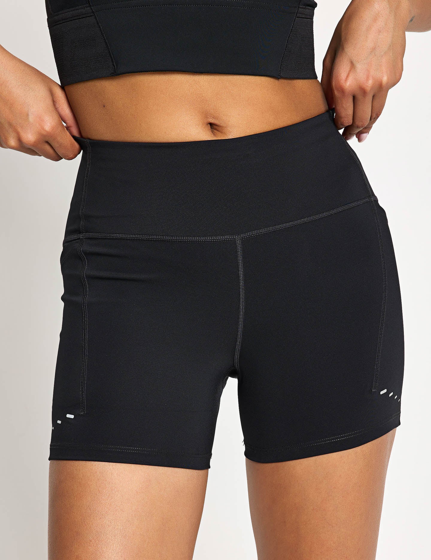 Swift High Waisted 4 Tight Running Shorts - Black/Reflective Silver | Women's Athletic Workout Shorts for Running, Yoga & Gym | Moisture-Wicking & Breathable