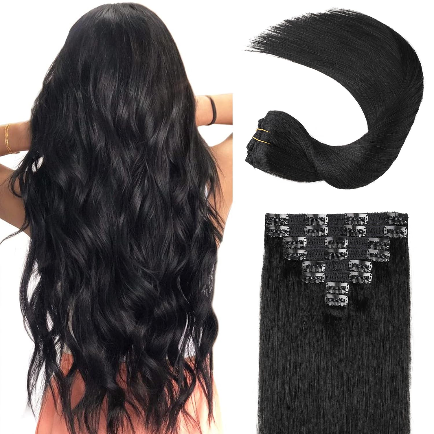20 Inch 120G Double Weft Straight Clip-In Human Hair Extensions for Women - #1 Jet Black - 8Pcs with 20 Clips | Natural Look for Daily Wear, Parties & Special Occasions