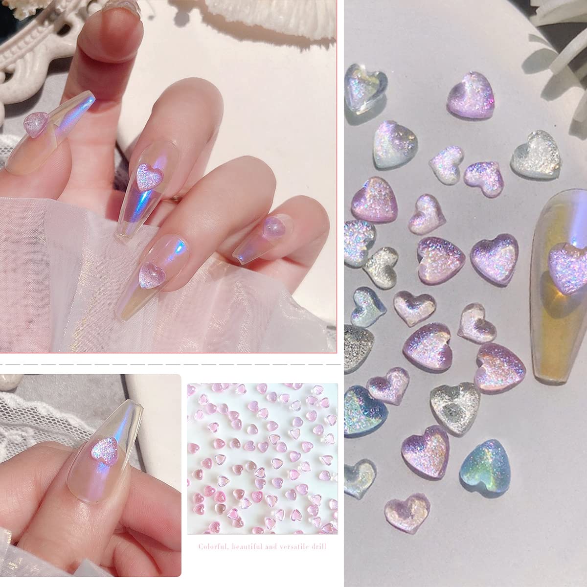 3D Heart Nail Charms 80PCS - Acrylic Rhinestone Nail Art Decorations, Shining Starry Design DIY Manicure Tips for Women Girls, Valentine's Day Bridal Party Nail Jewelry
