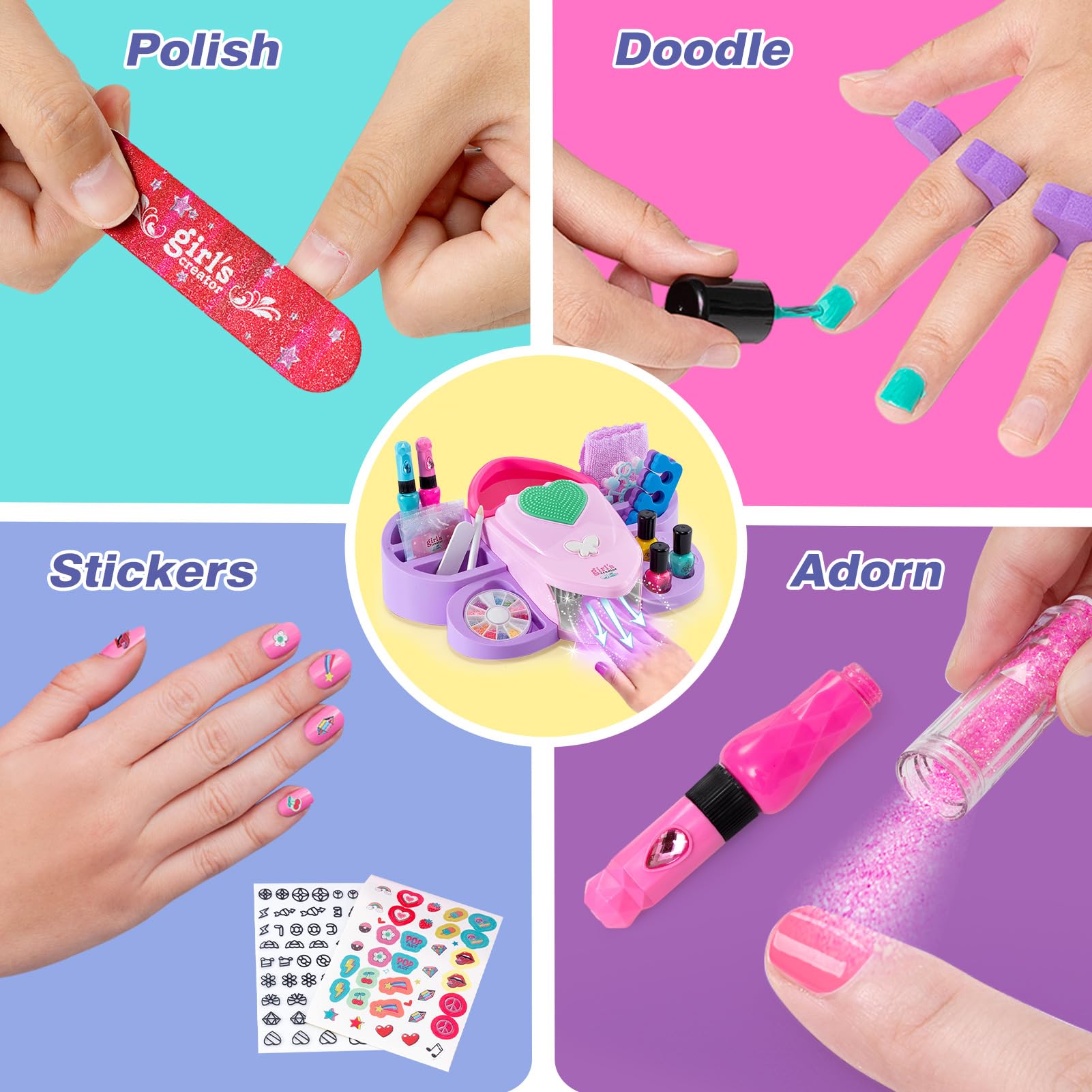 G.C Kids Nail Polish Set - 12 Non-Toxic Colors Nail Art Kit with Storage Desk, Nail Dryer & Hand Massage Spa Tools - Perfect Manicure Salon Toy Gift for Girls Ages 6-12 - Birthday, Christmas Present for Little Princess Spa Day at Home