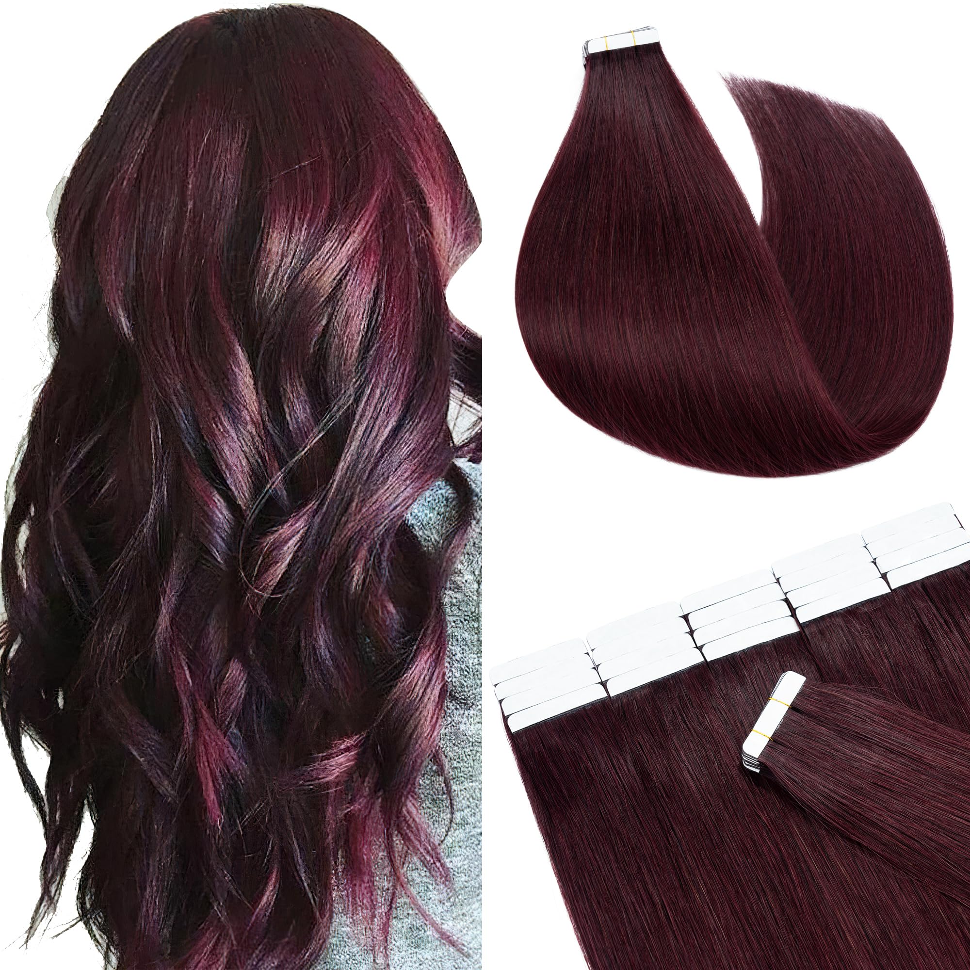 SEGO 20 Inch Tape In Hair Extensions 40pcs 100g - Wine Red Ombre 100% Remy Human Hair with Balayage Rooted - Invisible Seamless Skin Weft Double Side Tape for Women - Perfect for Parties, Weddings & Daily Styling