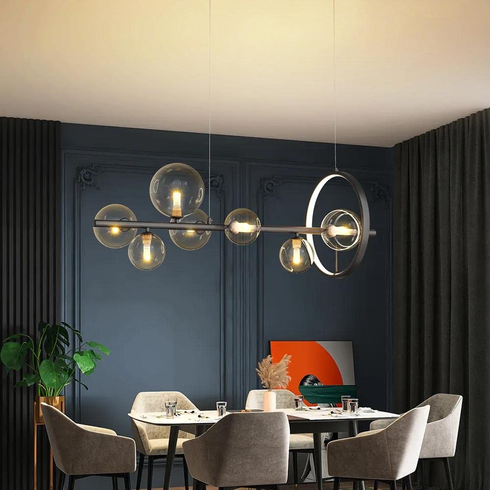 Industrial Black Linear Pendant Light Fixture - 7-Light Kitchen Island Lighting, Dining Room Ceiling Light for Table - Modern Farmhouse & Industrial Style Hanging Lights for Kitchen, Living Room, Restaurant, Bar (Black)
