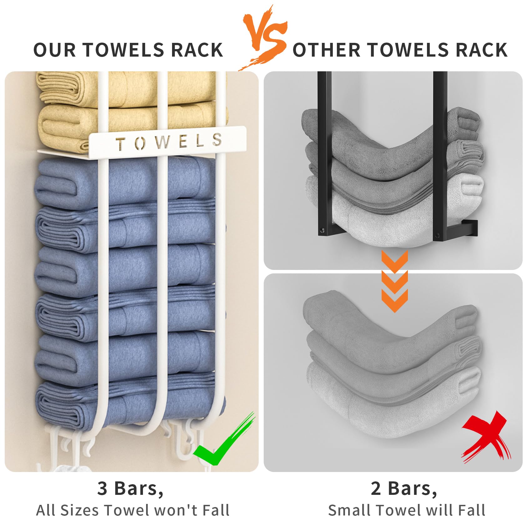 32 Inch Wall Mounted Bathroom Towel Rack - 3 Bar Rolled Towel Holder with Metal Top & 4 Hooks - Holds 6 Large Towels - Space Saving Storage Solution for Small Bathrooms - Perfect for Bathroom, Laundry Room or Spa Decor (White)